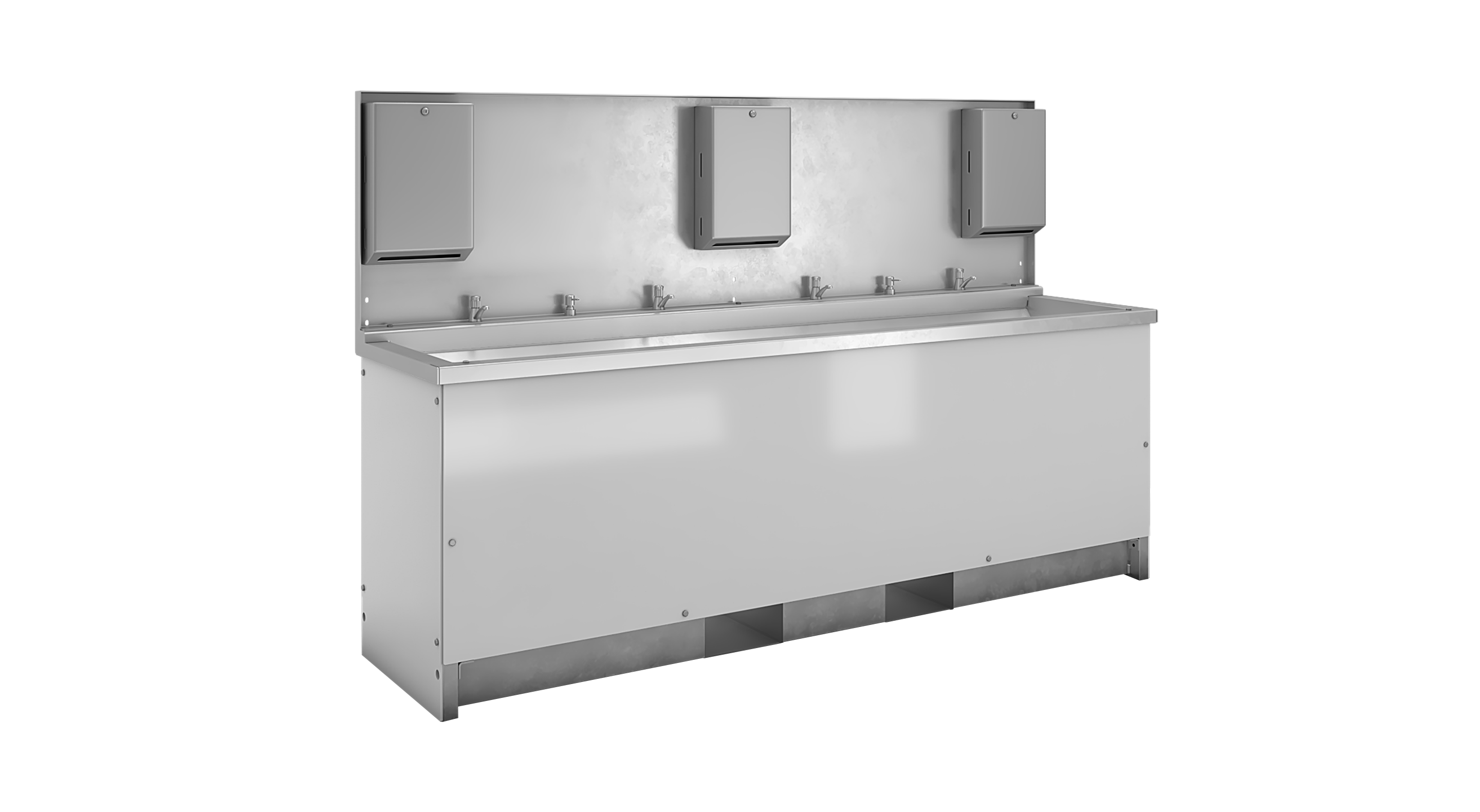 Stainless steel handwash station with four basins and wall-mounted soap dispensers.