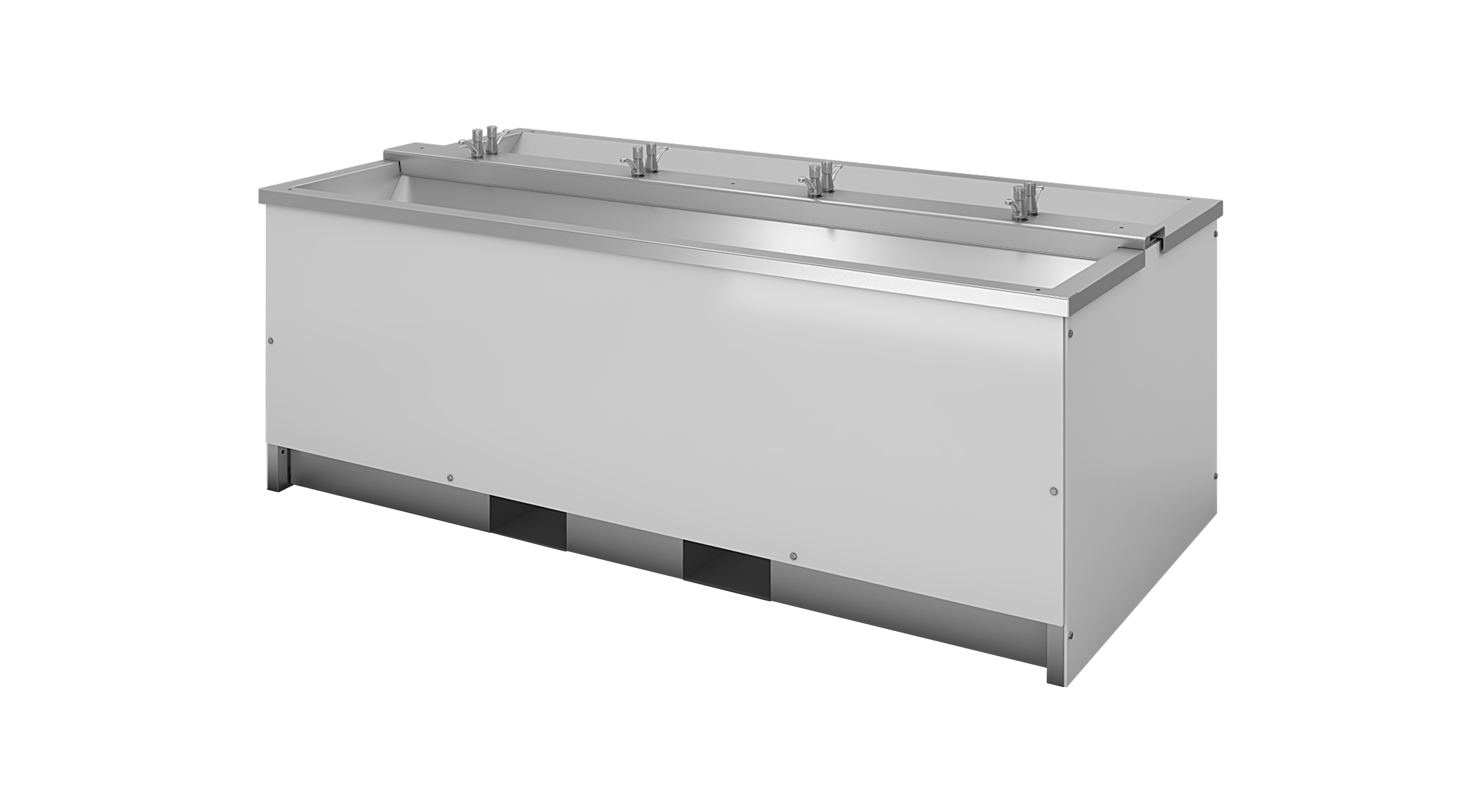 Long stainless steel commercial handwashing sink with four faucets and open base slots.