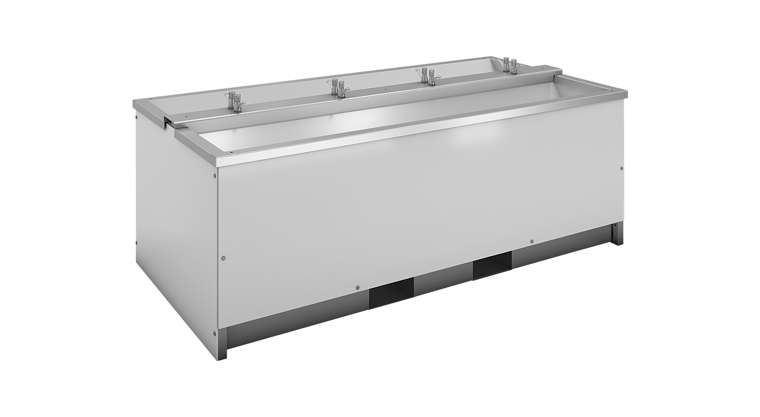 Saintrax stainless steel 8-basin handwash station with side faucets and a smooth surface.