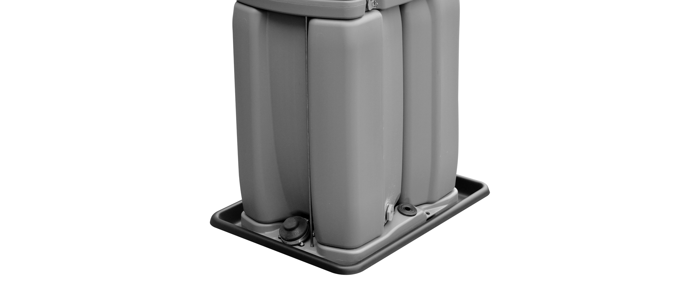Gray plastic rectangular containers with rounded edges placed on a matching tray.
