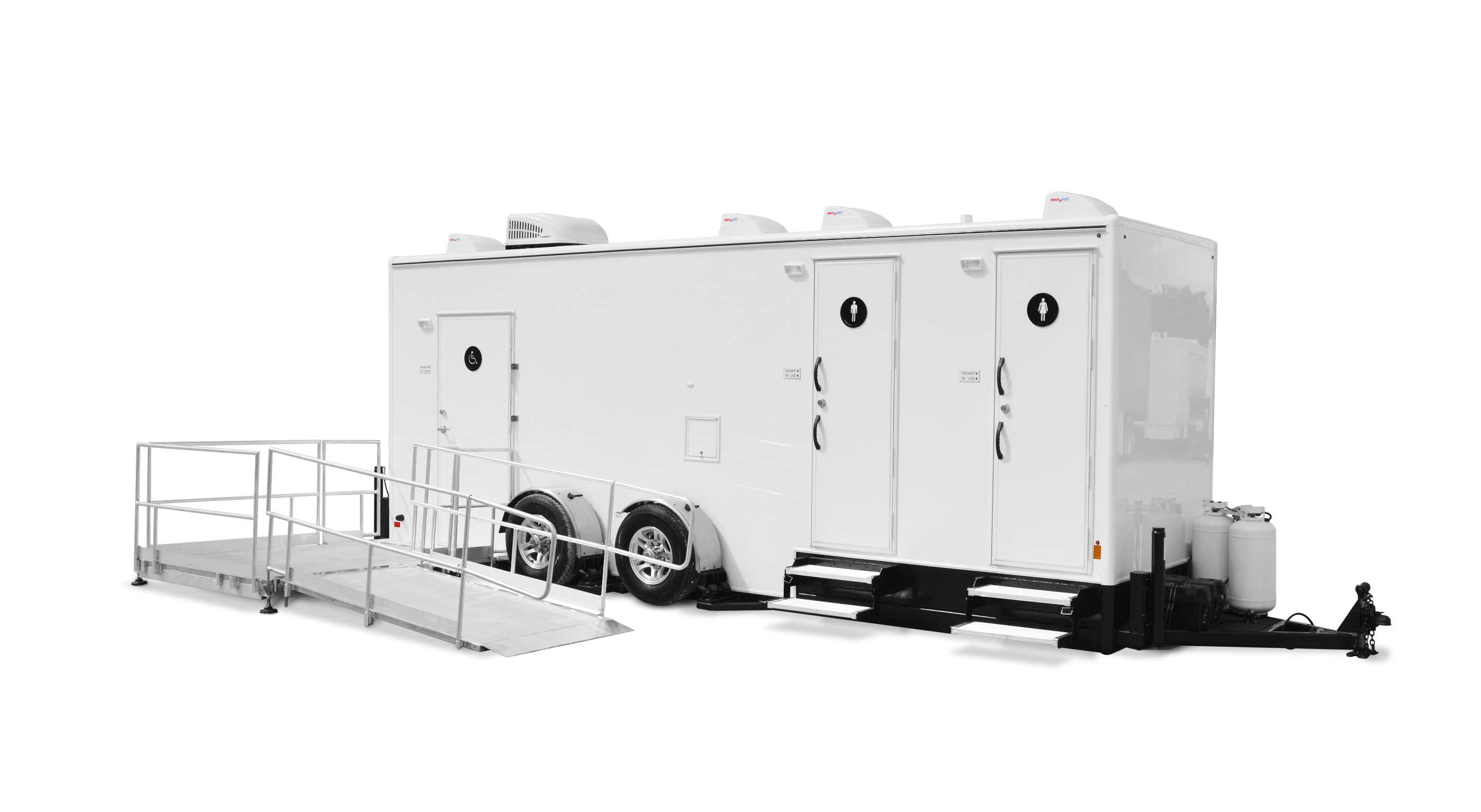 White mobile restroom trailer with three doors, ADA ramp, and exterior tanks.