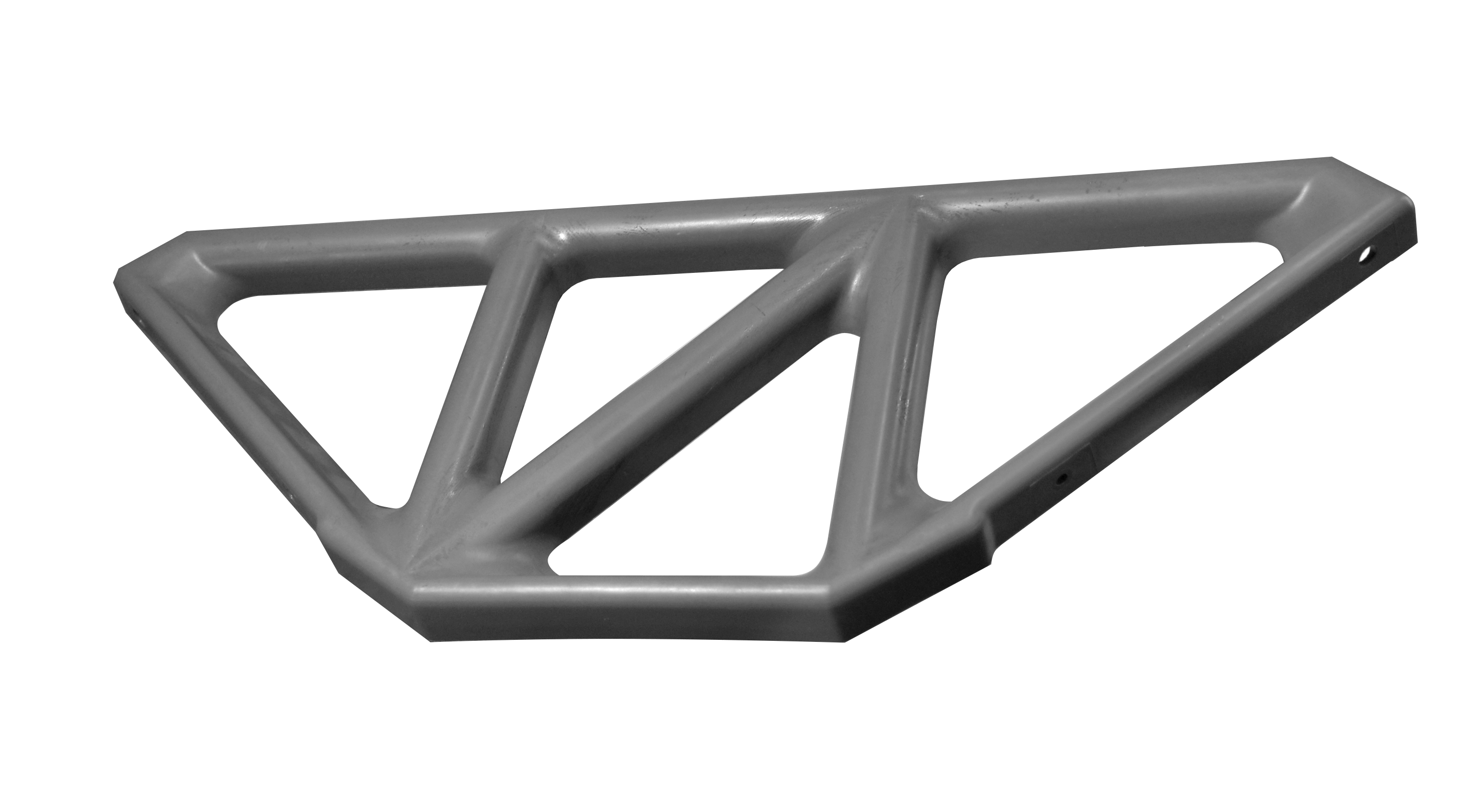 Gray plastic triangular frame with hollow sections and angular geometric design.