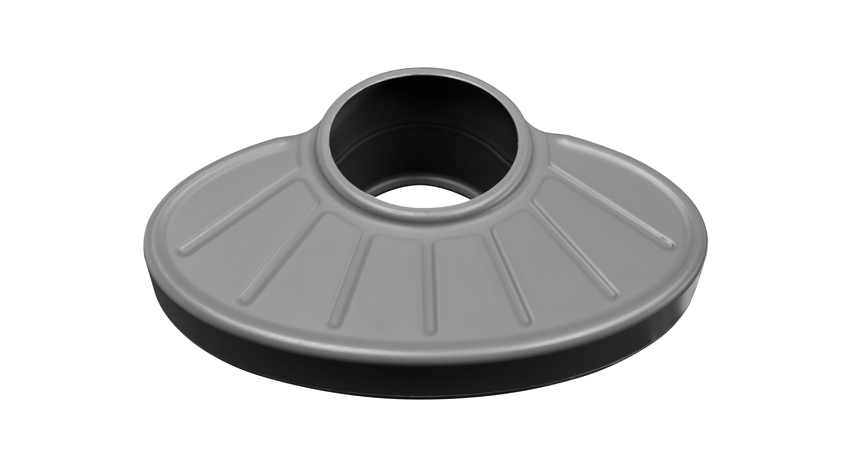 Gray, curved shelf support with a central hole and ridged surface for stability.
