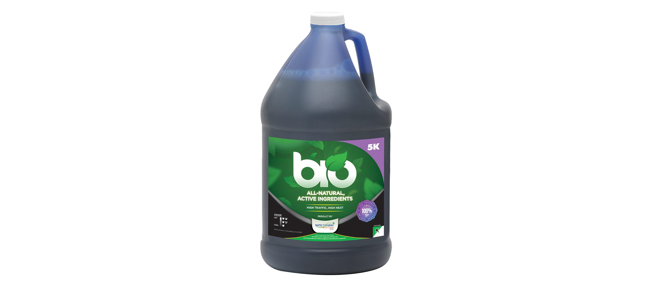 A gallon jug of Bio, featuring all-natural active ingredients with a green and purple label.