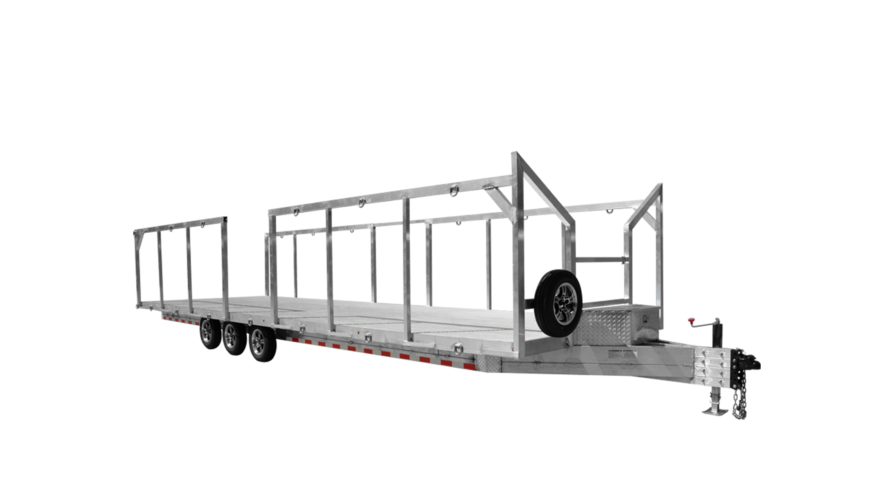 A silver aluminum trailer with an open frame and wheels, designed for transporting items.
