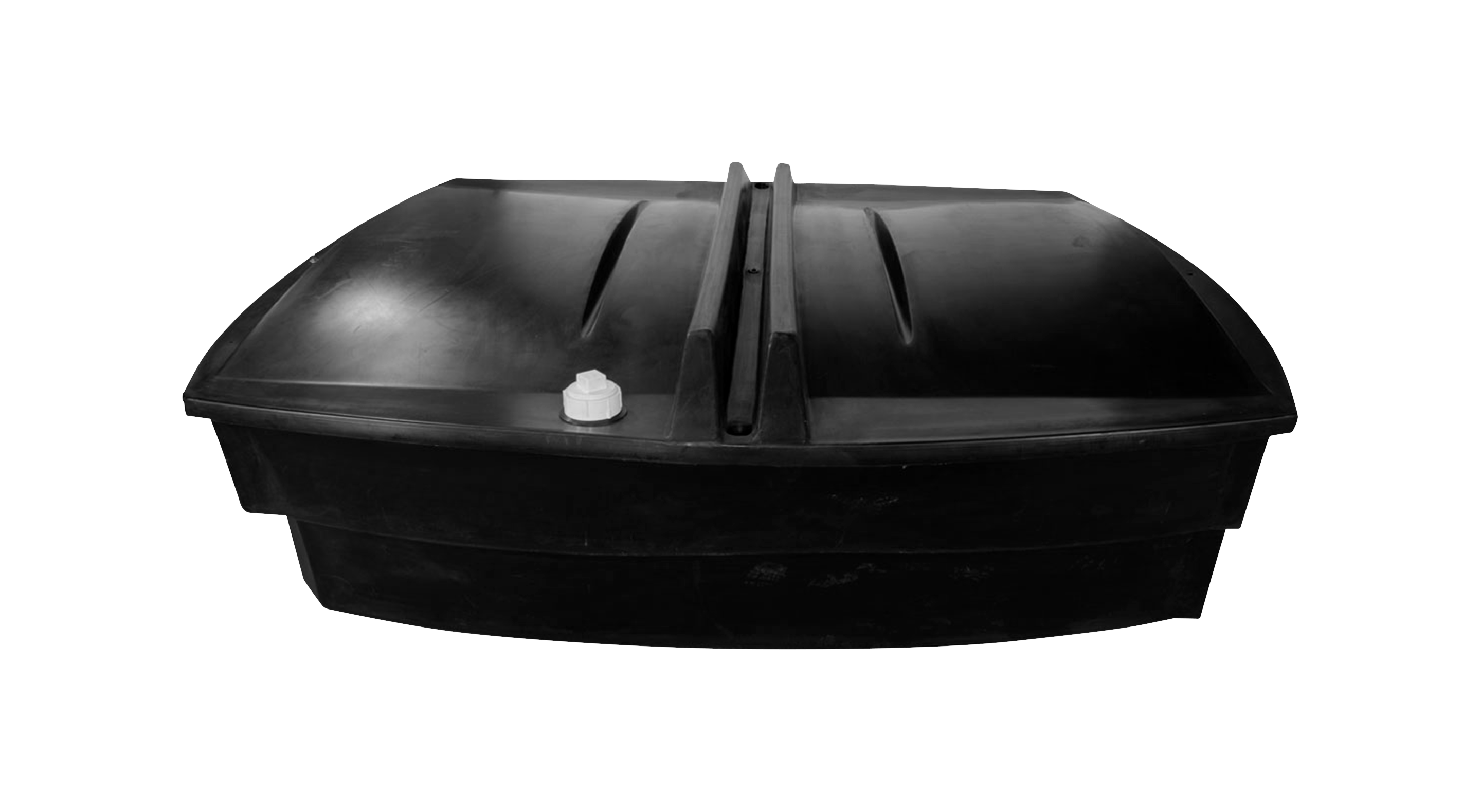 Black 250-gallon containment tank with a curved top and a side drain plug.