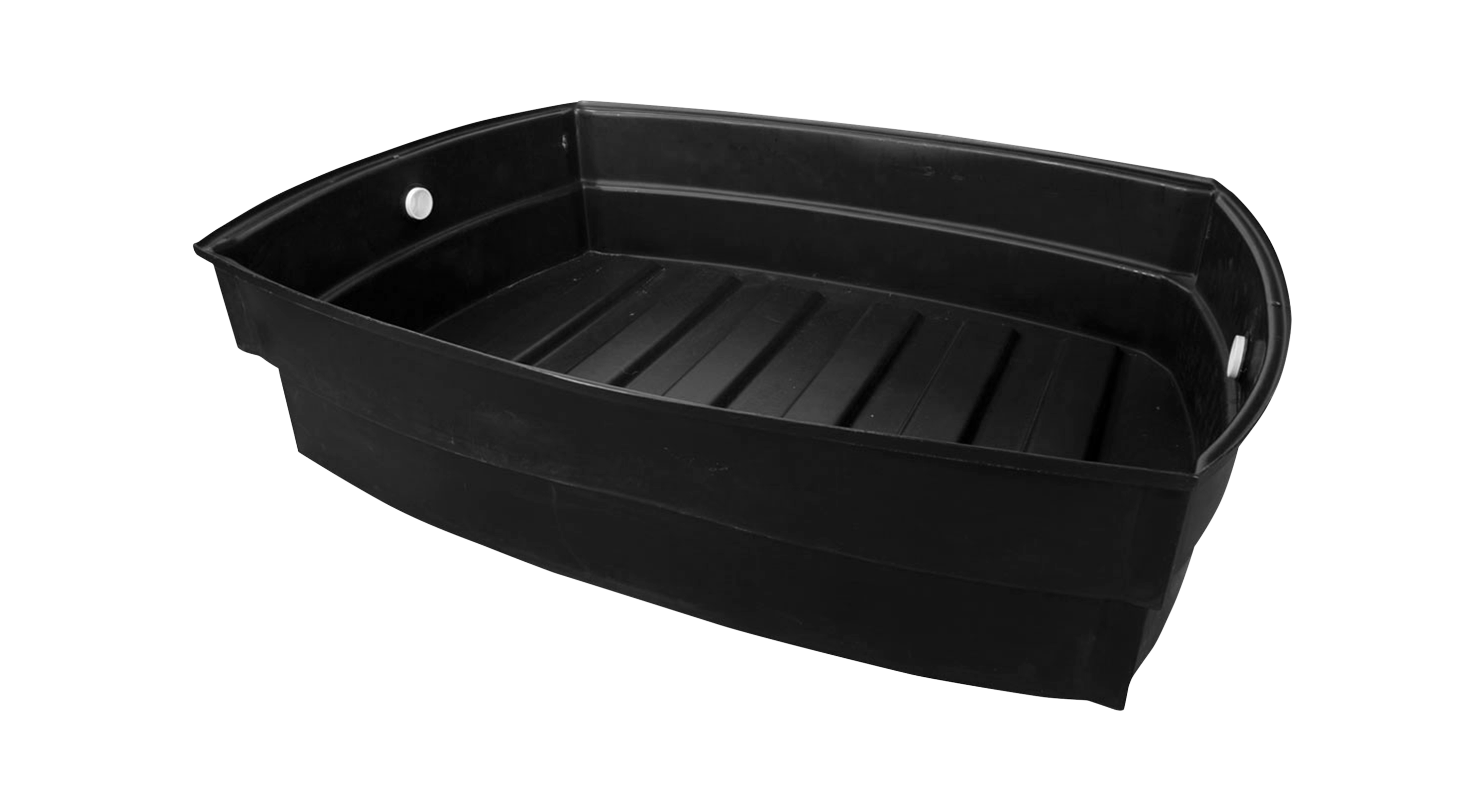 Black rectangular plastic containment tank with ridged bottom and white fittings on sides.