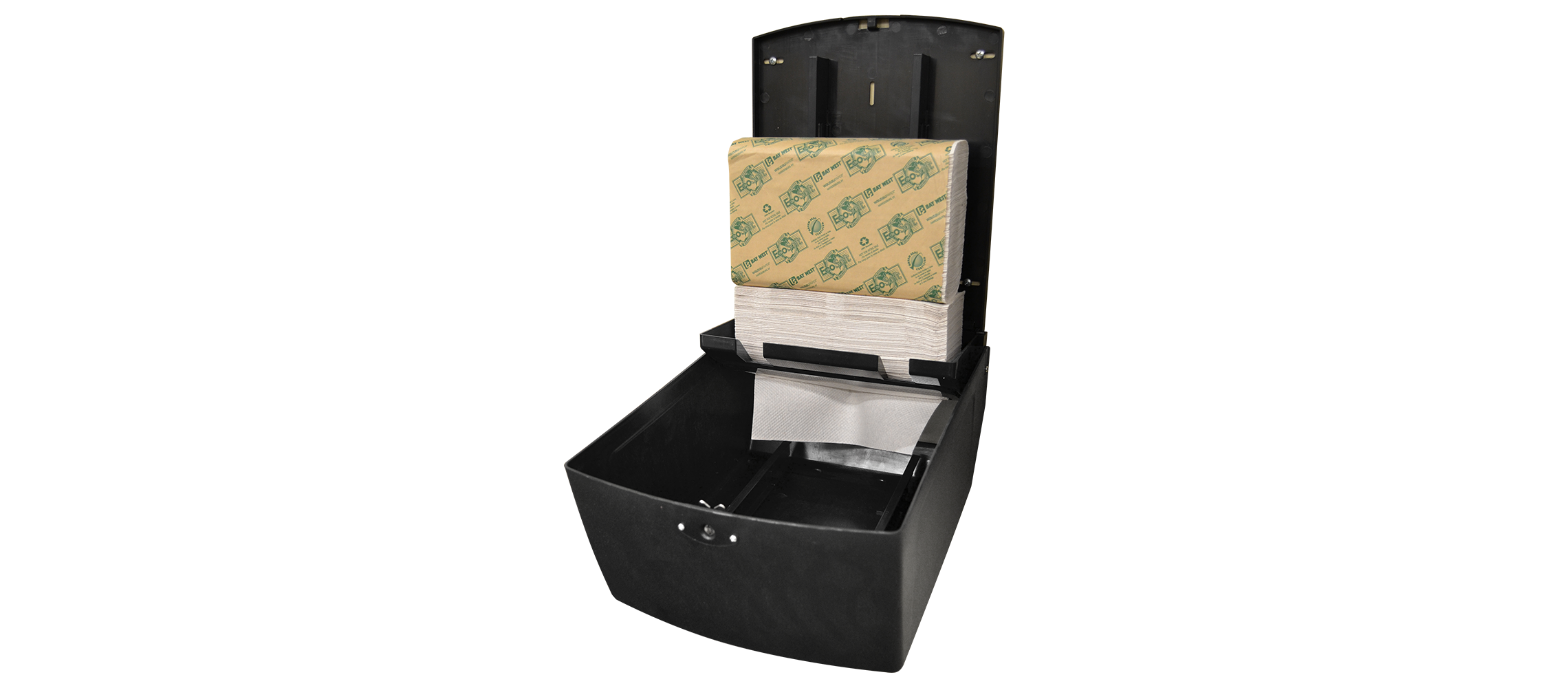 Black wall-mounted paper towel dispenser with a partially pulled paper towel sheet.