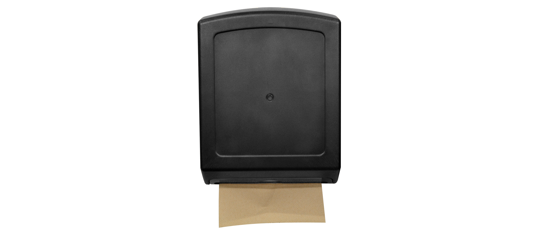Black wall-mounted paper towel dispenser with a single folded towel protruding from the bottom.