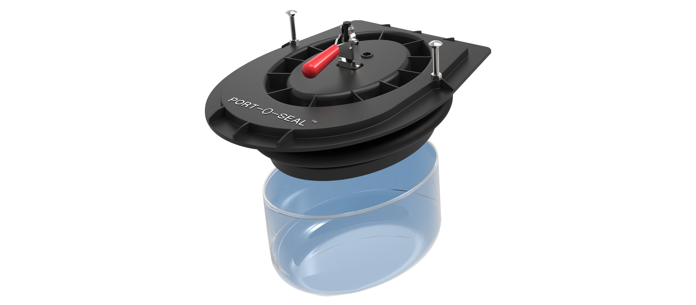 Black Port-O-Seal with a red handle and transparent blue container beneath it.