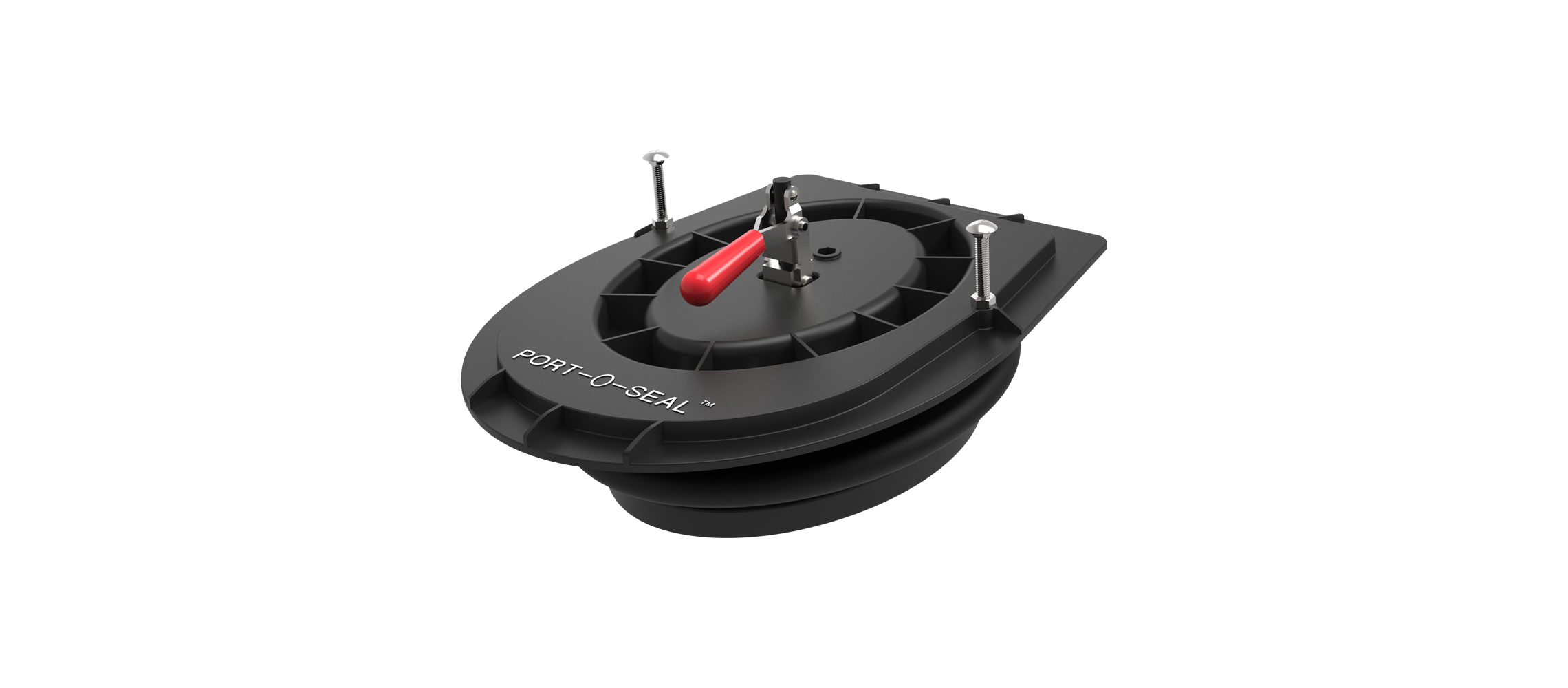 Port-O-Seal product featuring a black, oval design with a red lever and four metallic spikes.