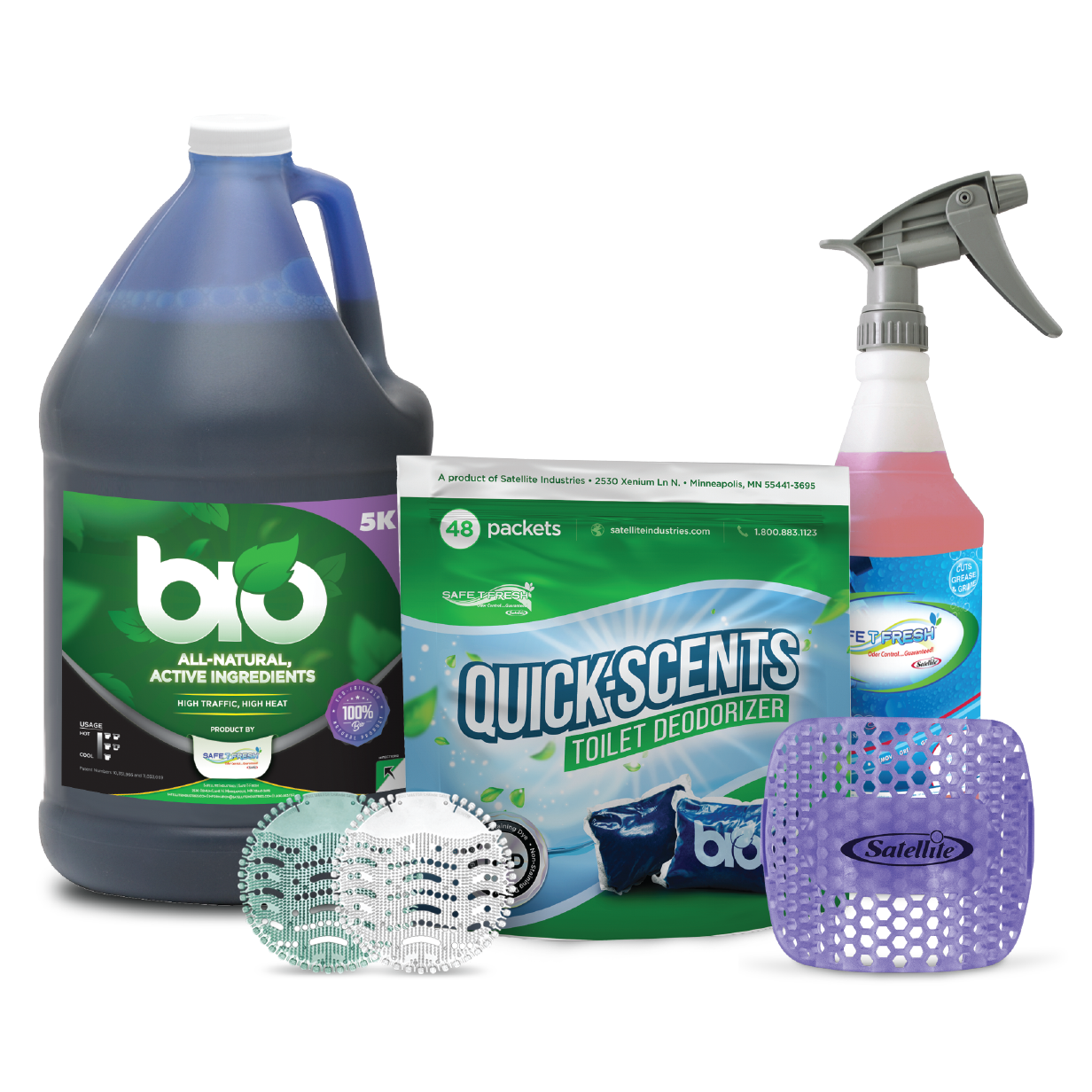 Collection of cleaning products including a large container, spray bottle, toilet deodorizer