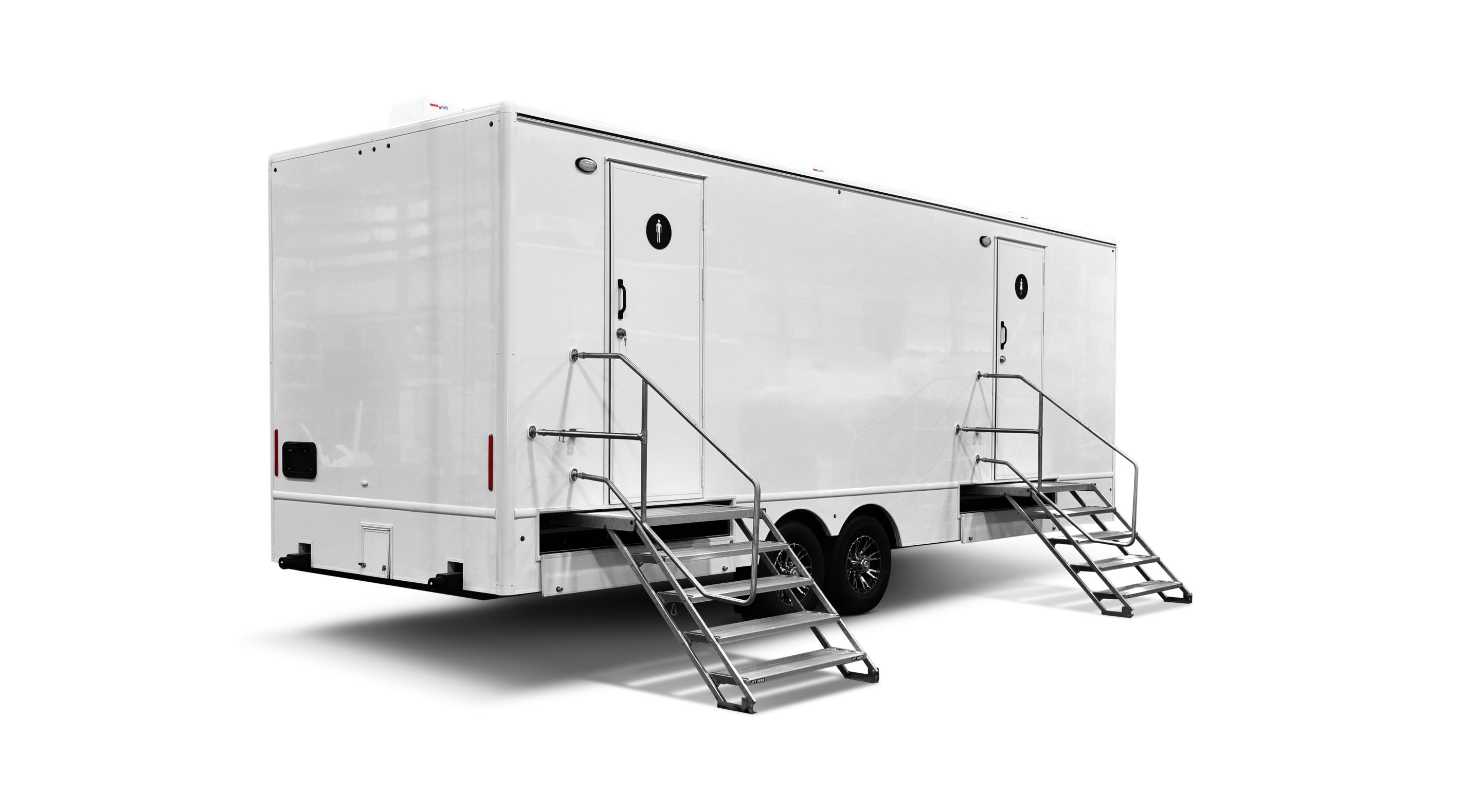 White mobile trailer with dual entry stairs, featuring a sleek exterior design.