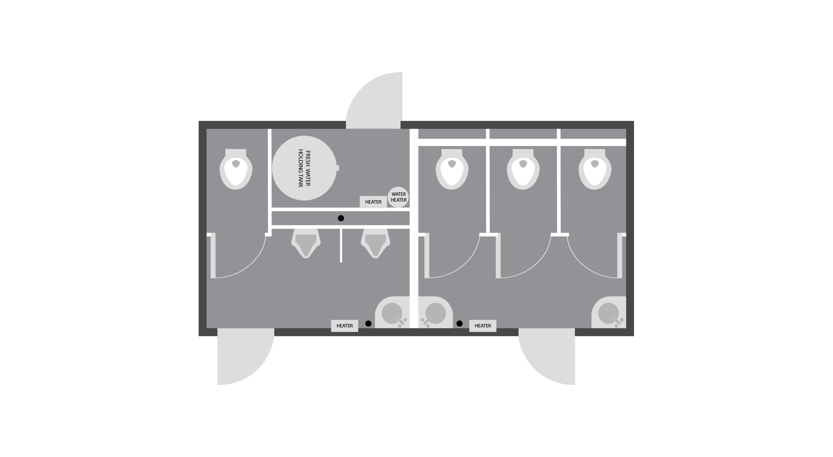 Black and white floor plan of a restroom with three toilet stalls, two urinals, sinks, and water heater tank.