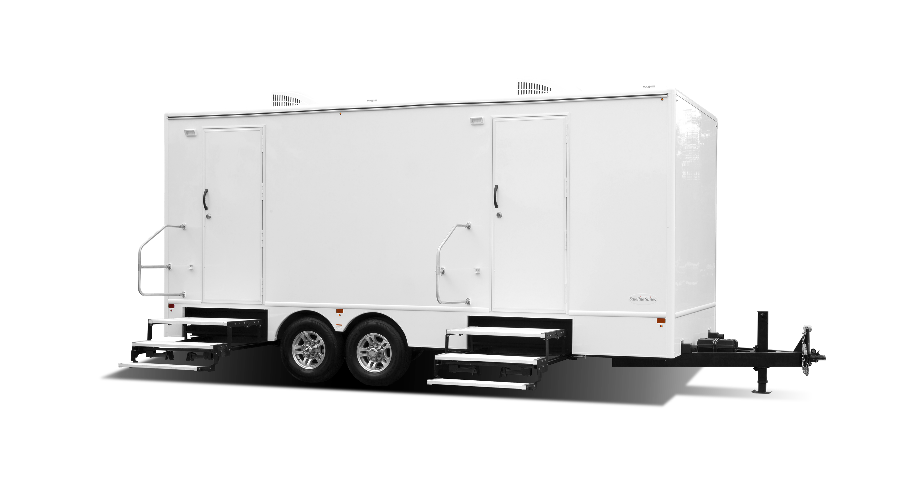 White restroom trailer with two doors, steps, and dual air conditioning units on the roof.
