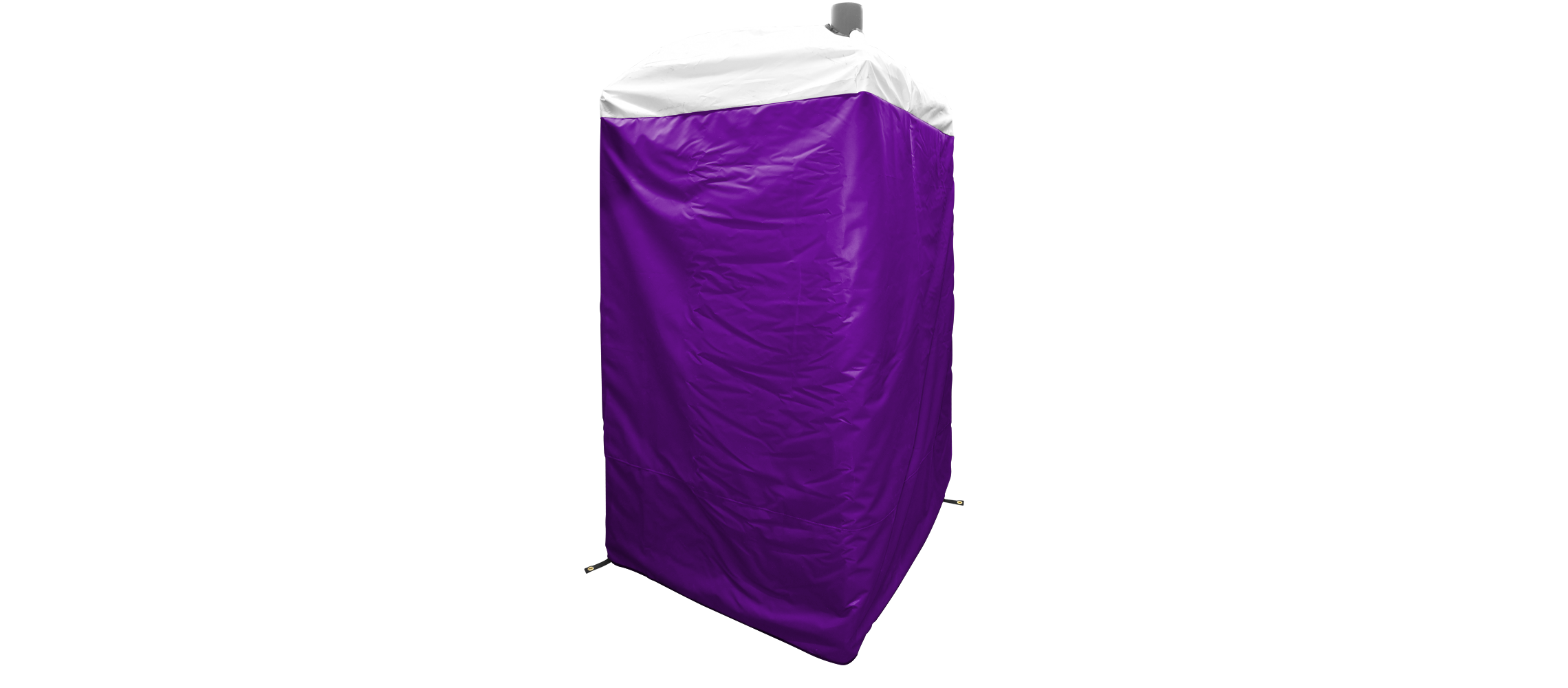 Purple and white insulated cover for an outdoor portable restroom.