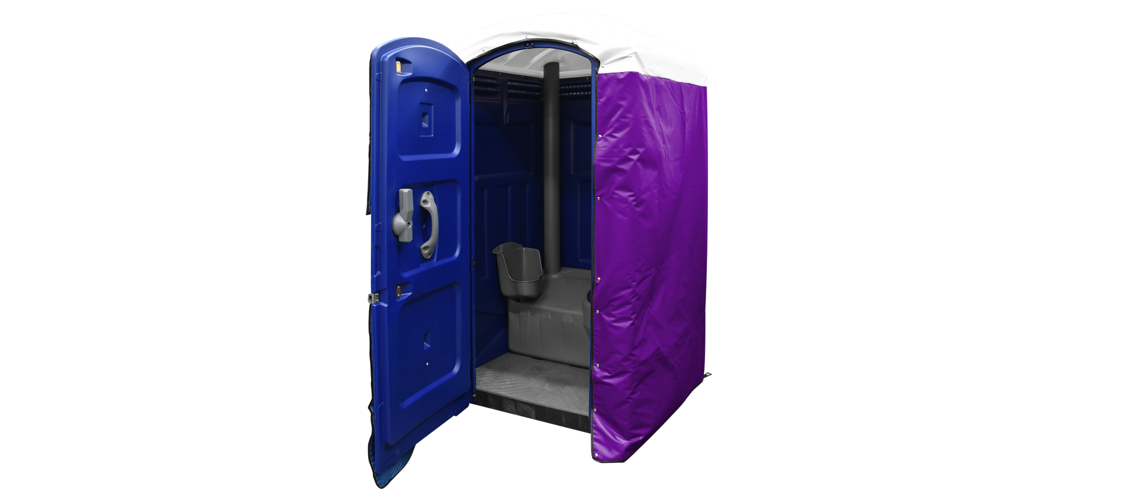Portable restroom with blue door and purple insulated cover, open to show interior features.