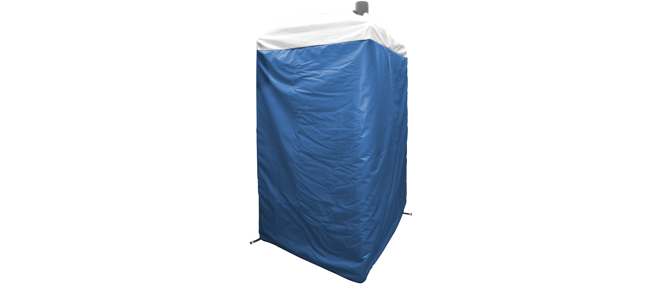 Blue and white insulated cover for a portable restroom or similar tall structure.