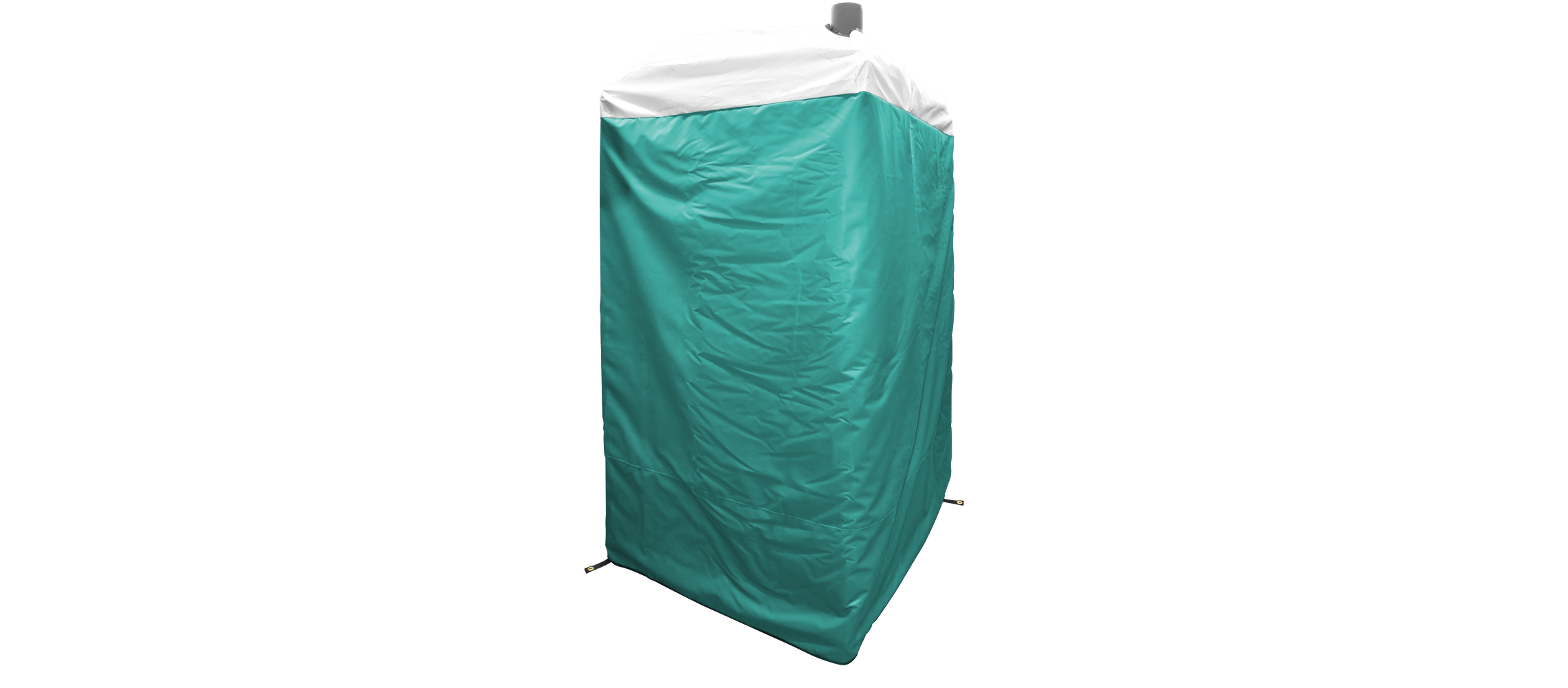 Teal and white insulated cover for a portable restroom with a ventilation pipe on top.