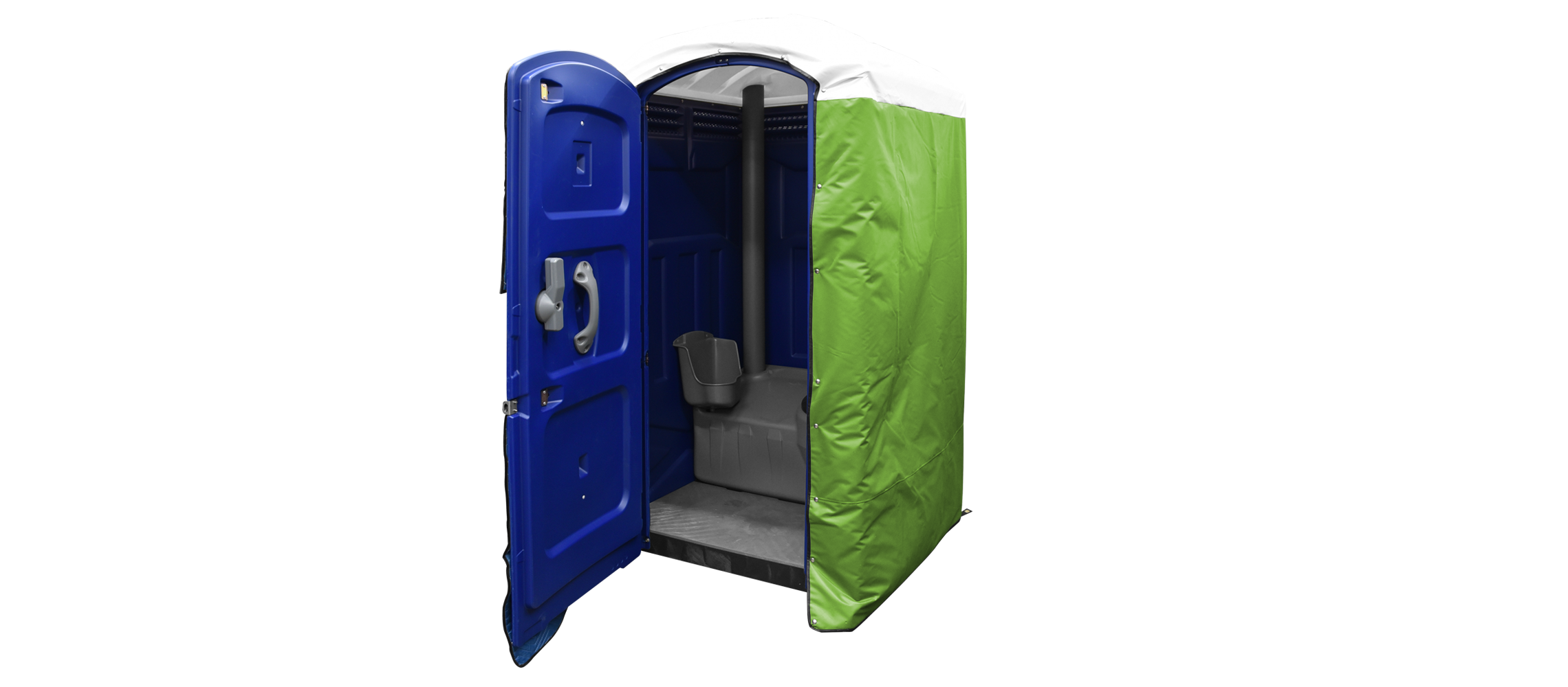 Portable restroom with a blue door and light green insulated cover, open to reveal interior.