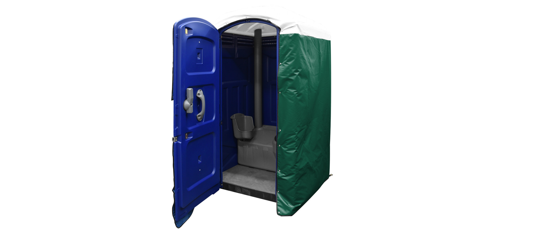 Insulated portable restroom with a blue door and forest green cover, shown with an open door.