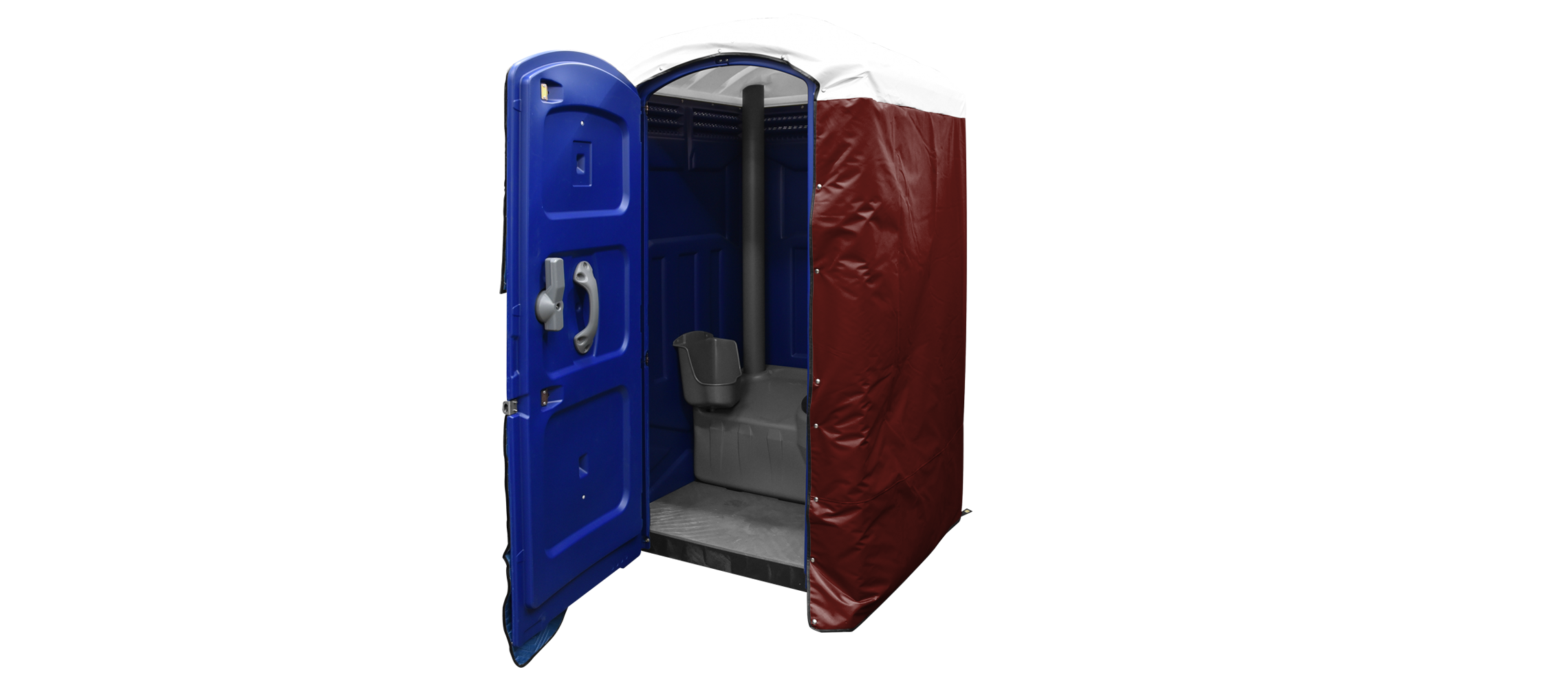 A blue portable restroom with a burgundy insulated cover, featuring a grey interior and an open