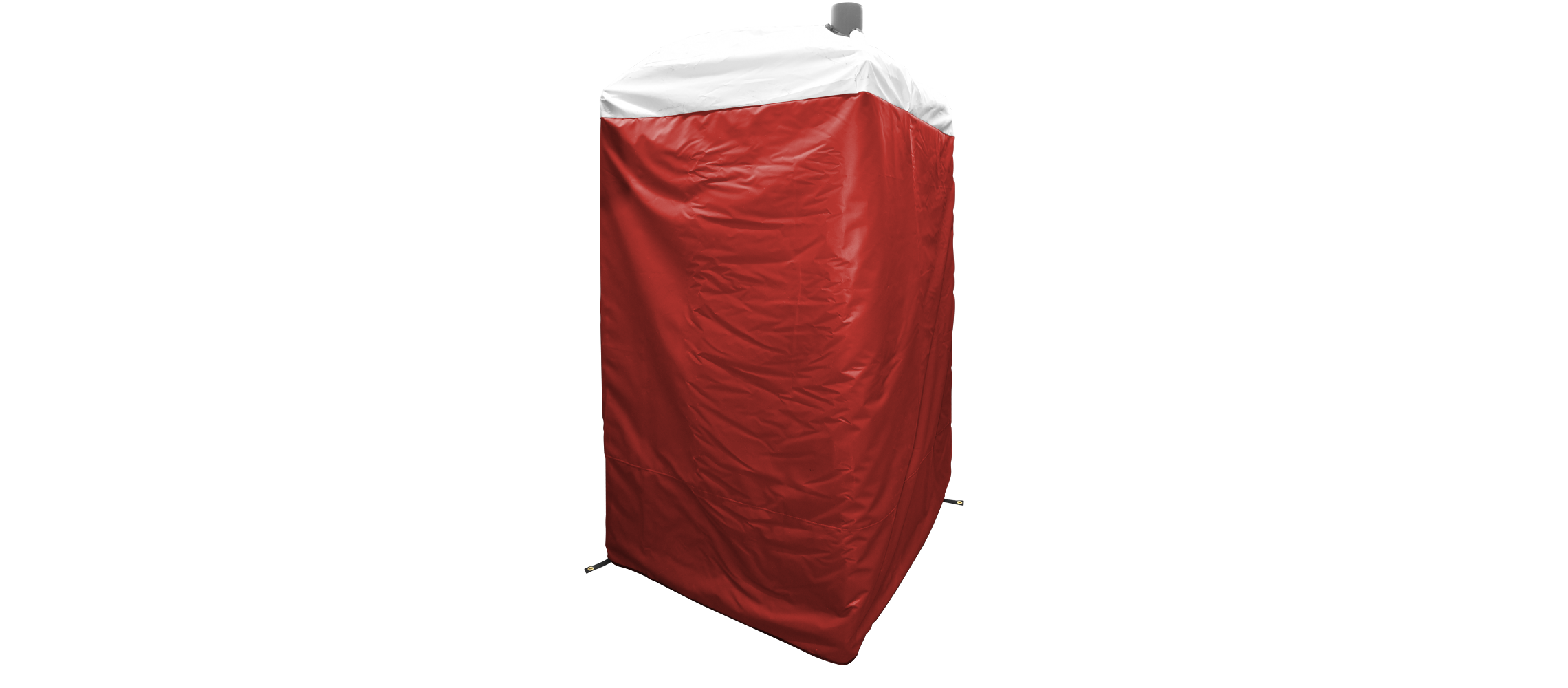 Red insulated portable restroom cover with a white top and ventilation pipe.