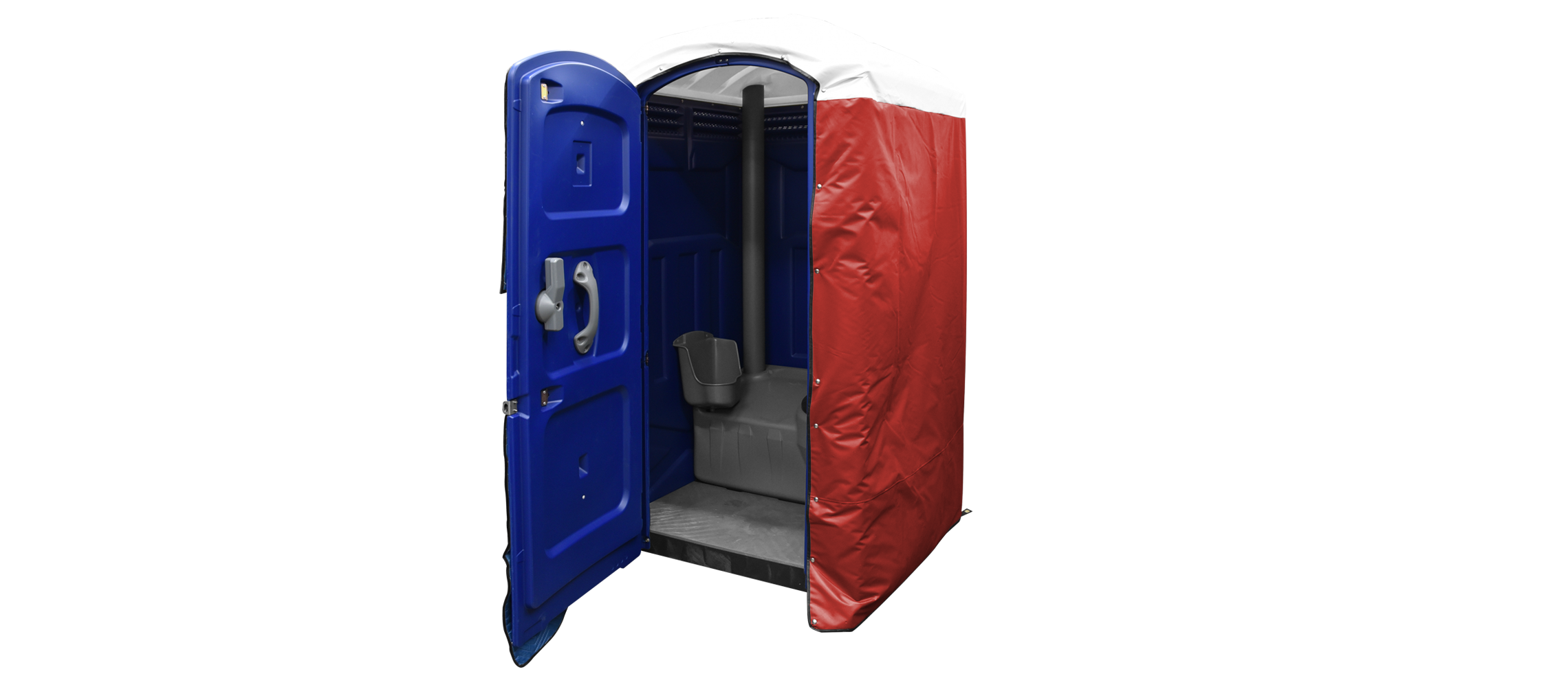 Insulated restroom cover in red and blue, with an open door revealing a portable toilet inside.