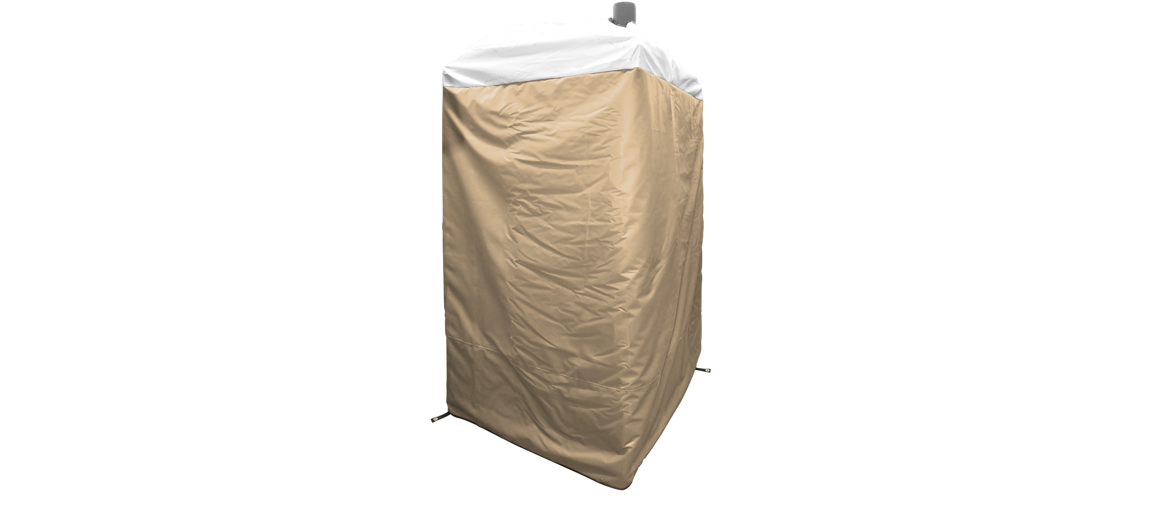Tall portable restroom covered by a beige and white insulated protective cover.