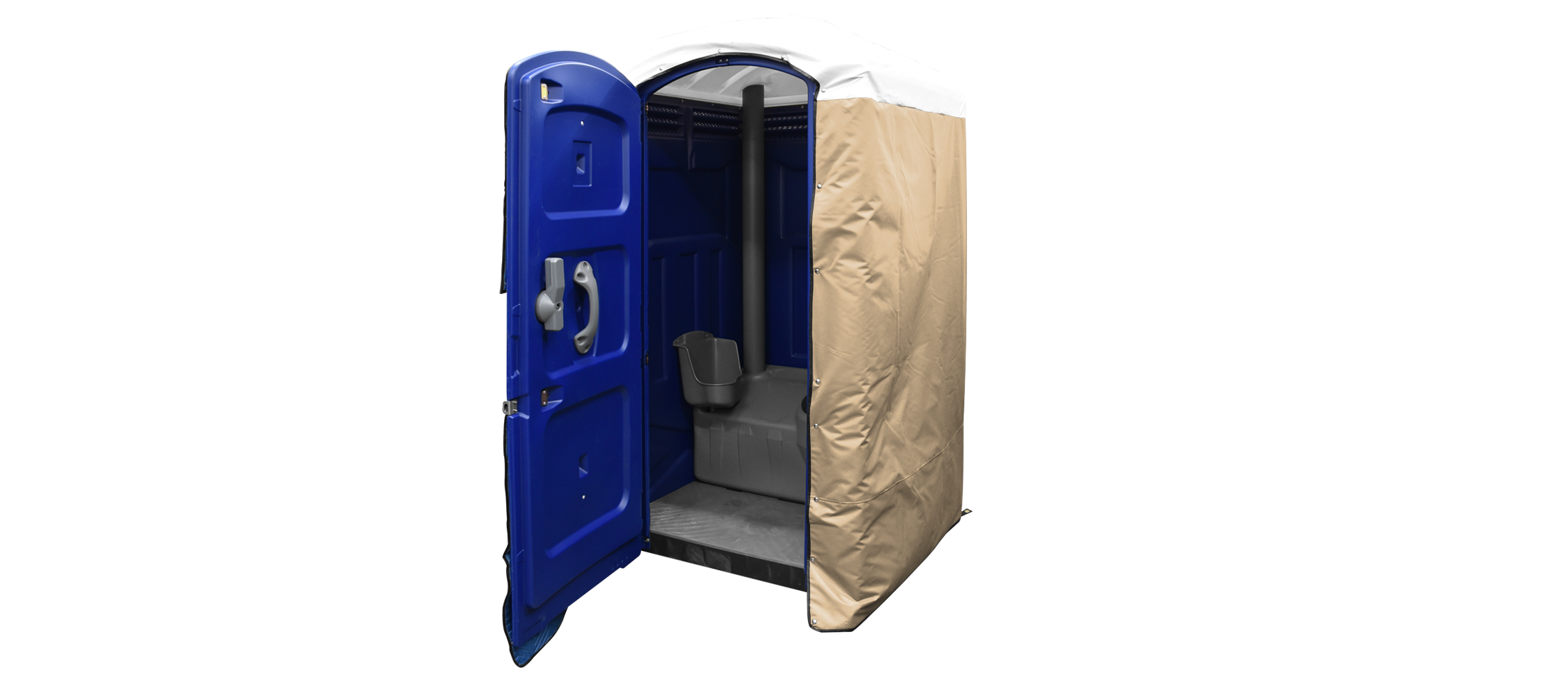 Insulated portable restroom with a cream cover, door open, and gray interior features.