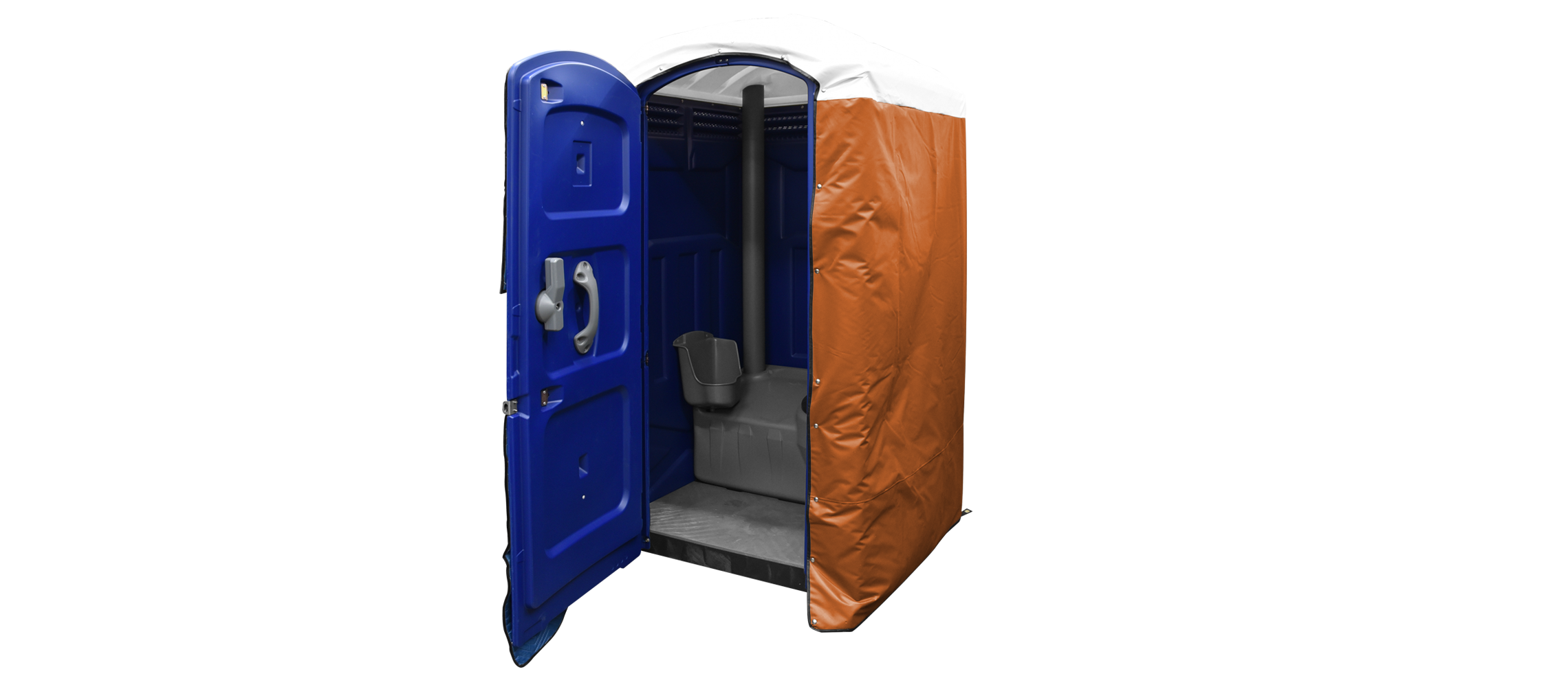 Insulated restroom cover in orange, featuring a blue portable toilet with an open door.