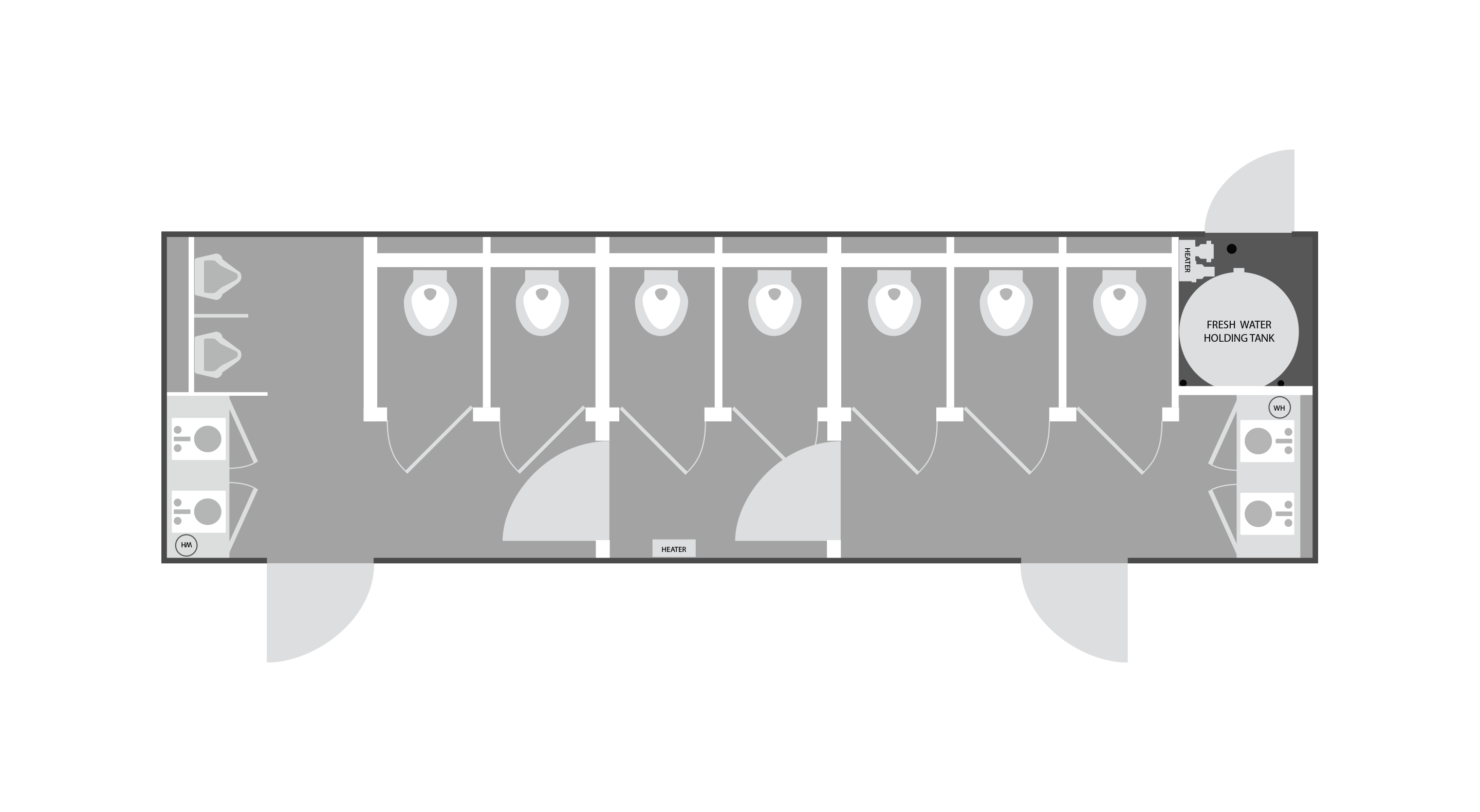 Floor plan of restroom with six toilet stalls, two sinks at each end, two urinals, and a fresh water tank.