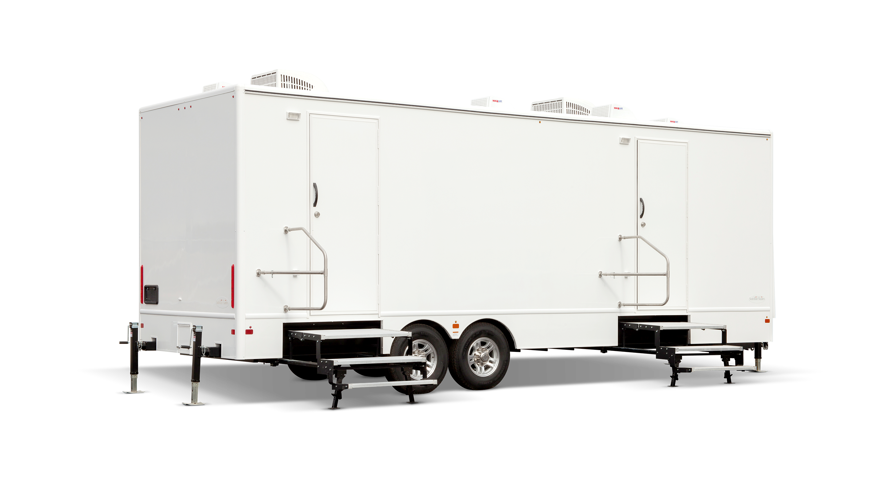 A white trailer with two side doors and air conditioning units on the roof.