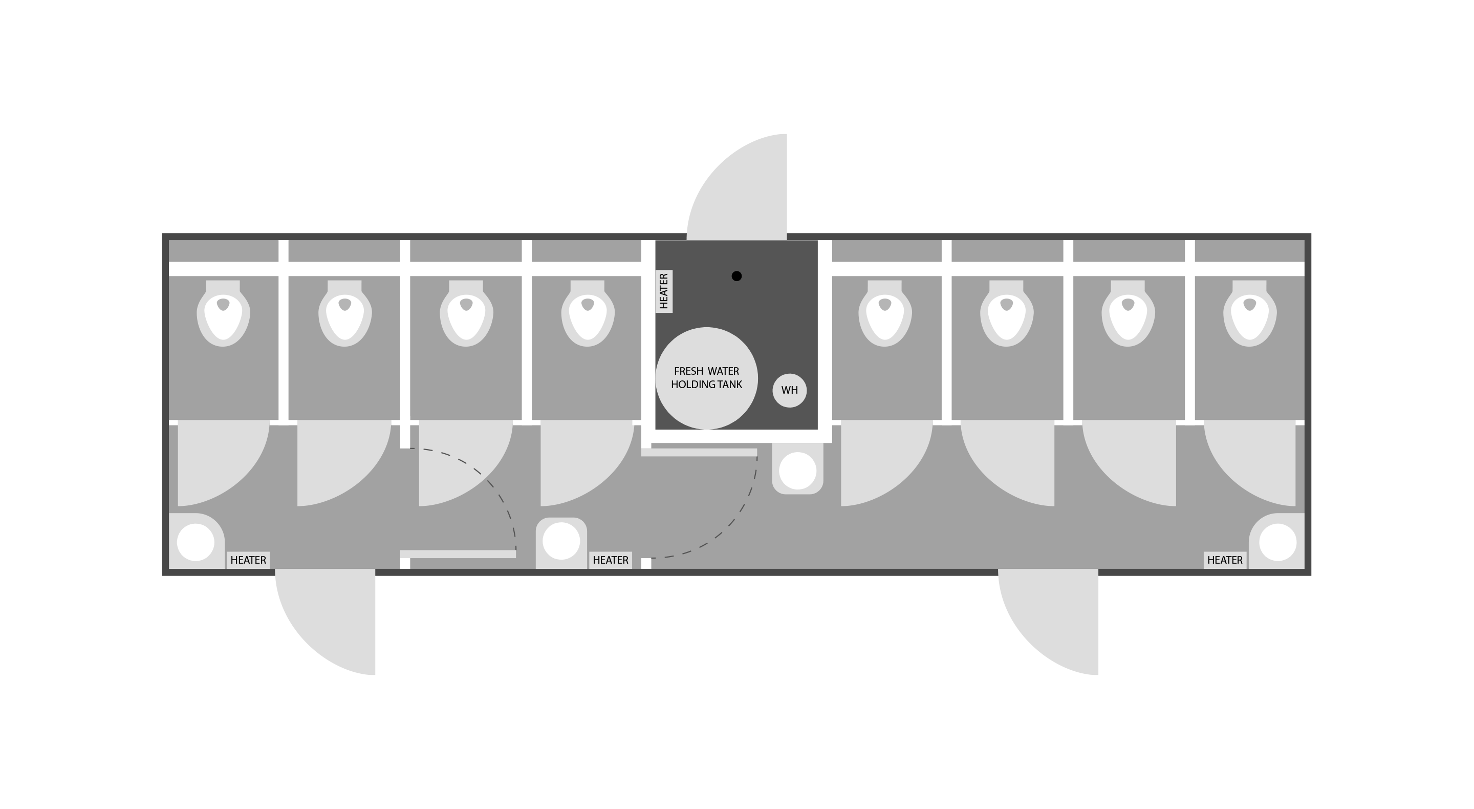 Floor plan of a suite with two rows of toilet stalls and a central fresh water holding tank room.