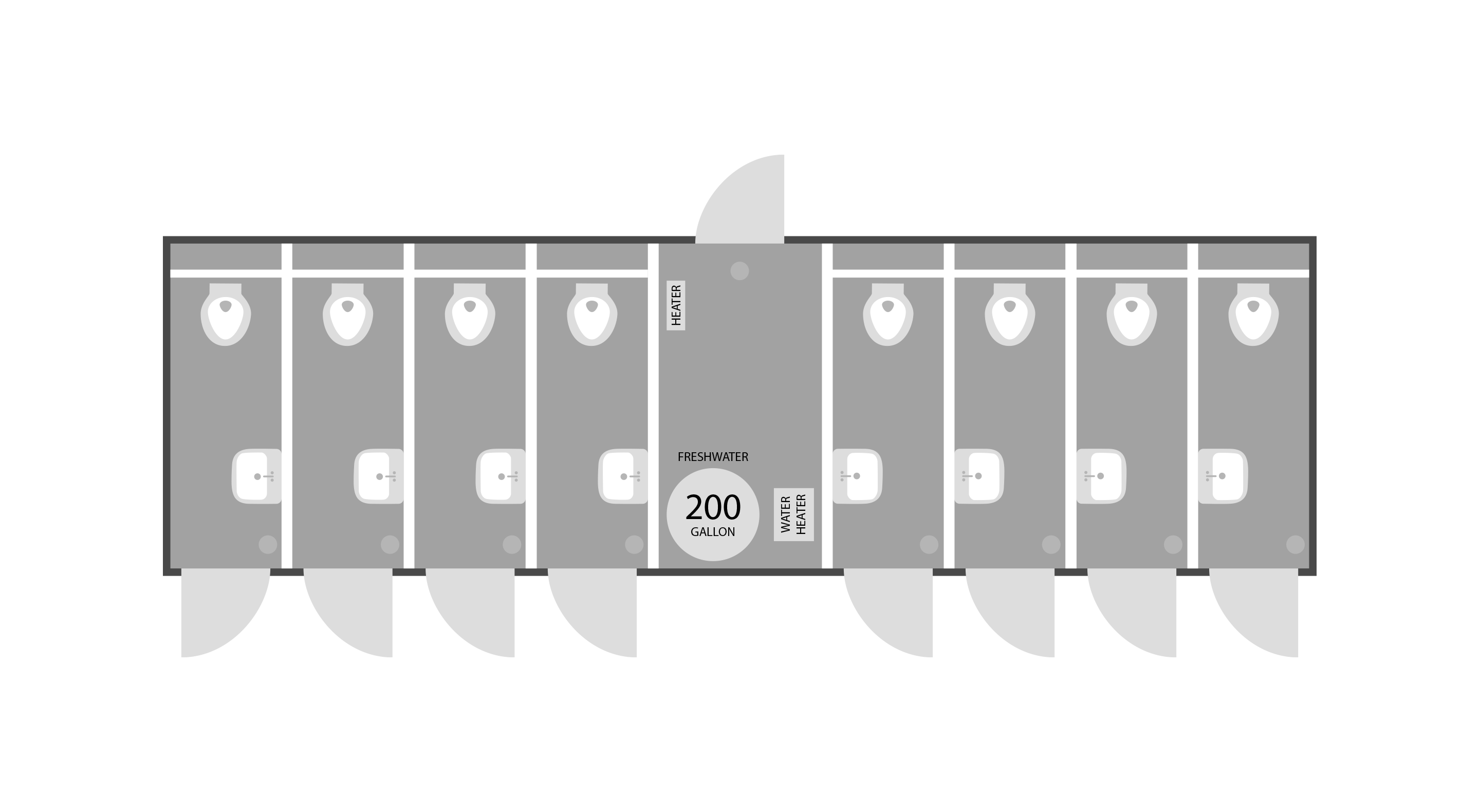 Floor plan of a restroom with eight stalls, each with a toilet and sink, plus a central area with a heater and water heater.