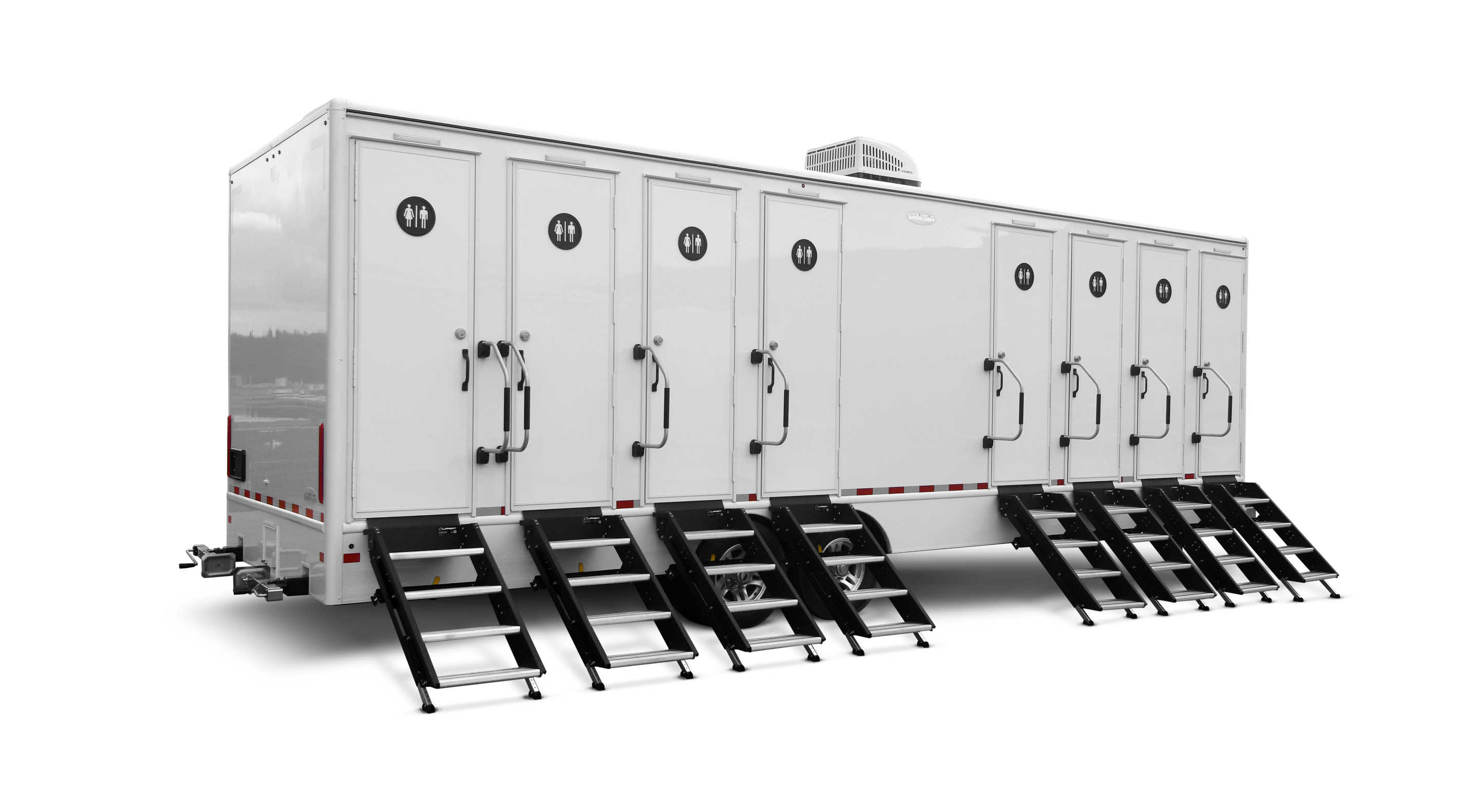 A mobile restroom trailer with eight doors and stairs, designed for outdoor events.