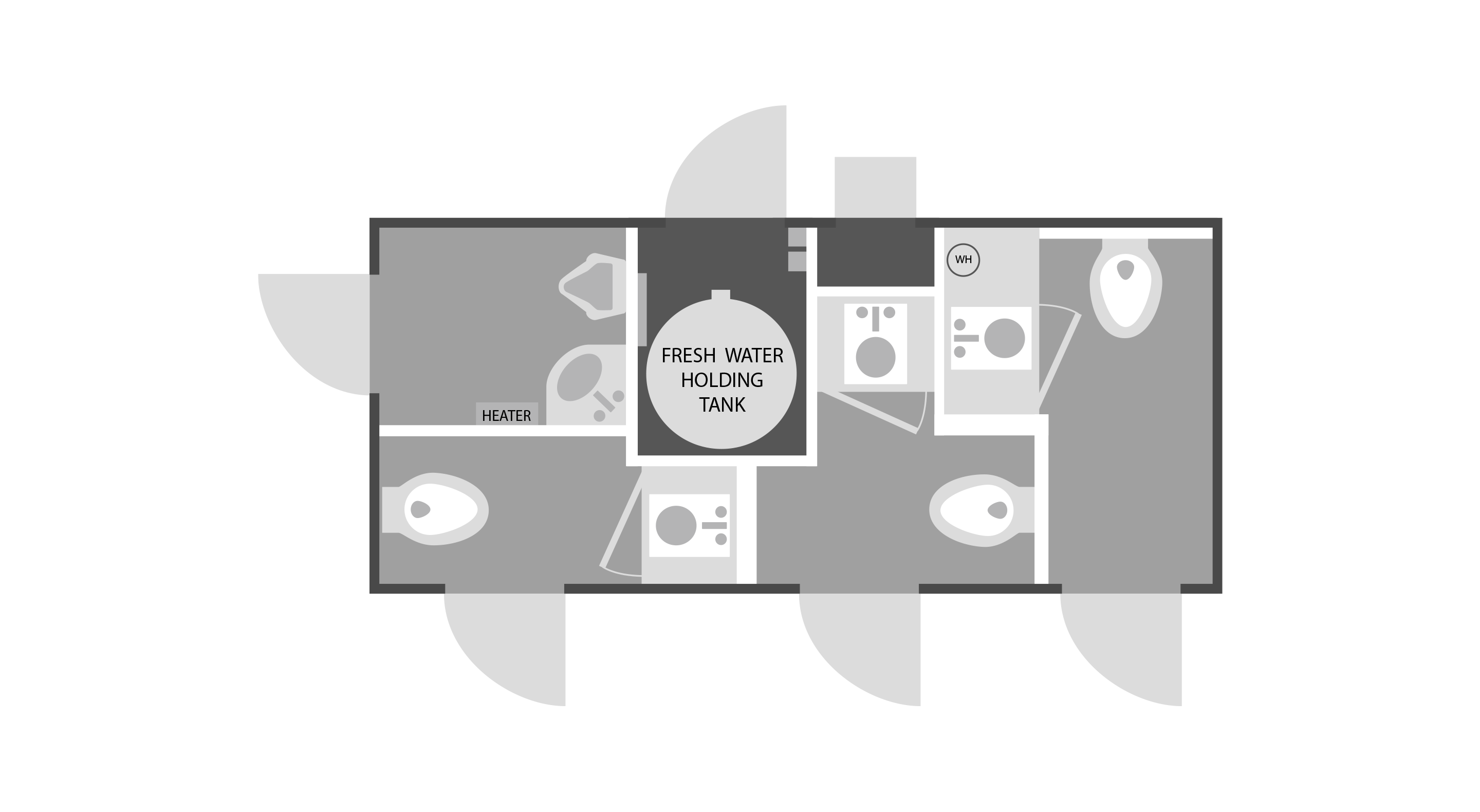 Floor plan of four small restroom stalls with toilets and sinks around a central fresh water holding tank.