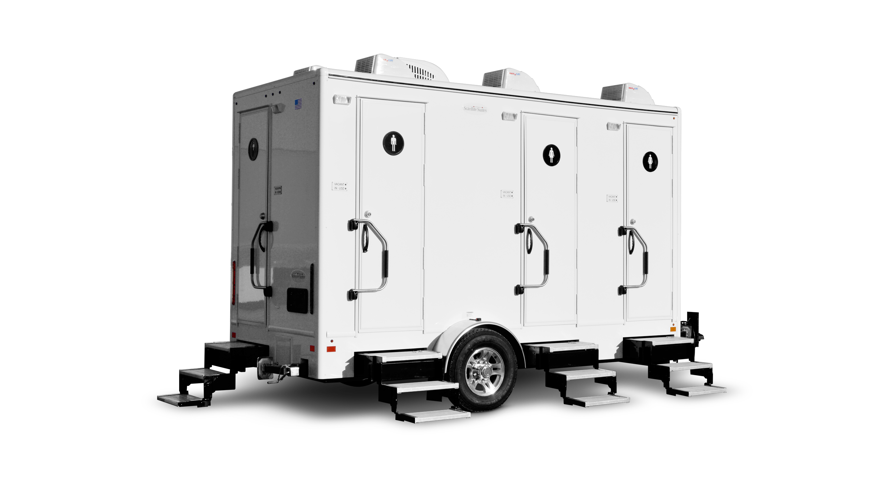 White mobile restroom trailer featuring three separate toilet stalls and exterior stairs.