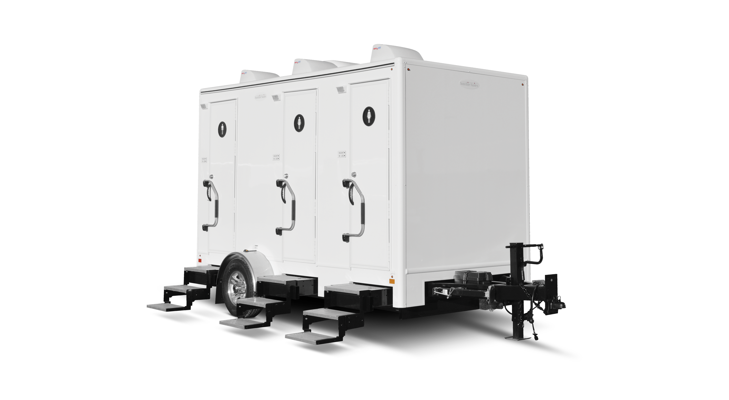Mobile restroom trailer with three stalls, steps, and a hitch for towing, on a black background.