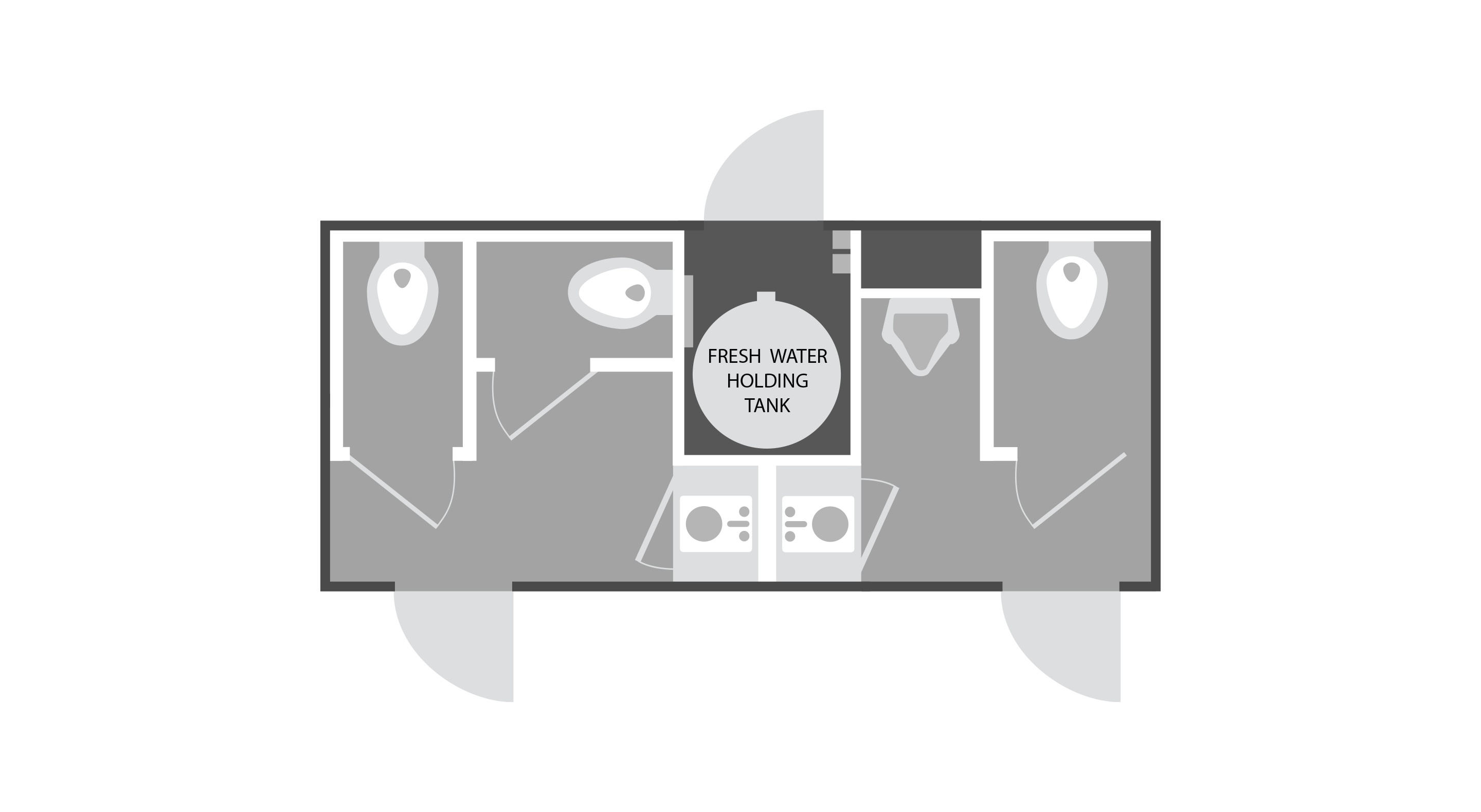 Floor plan showing two restrooms with sinks and toilets separated by a fresh water holding tank.