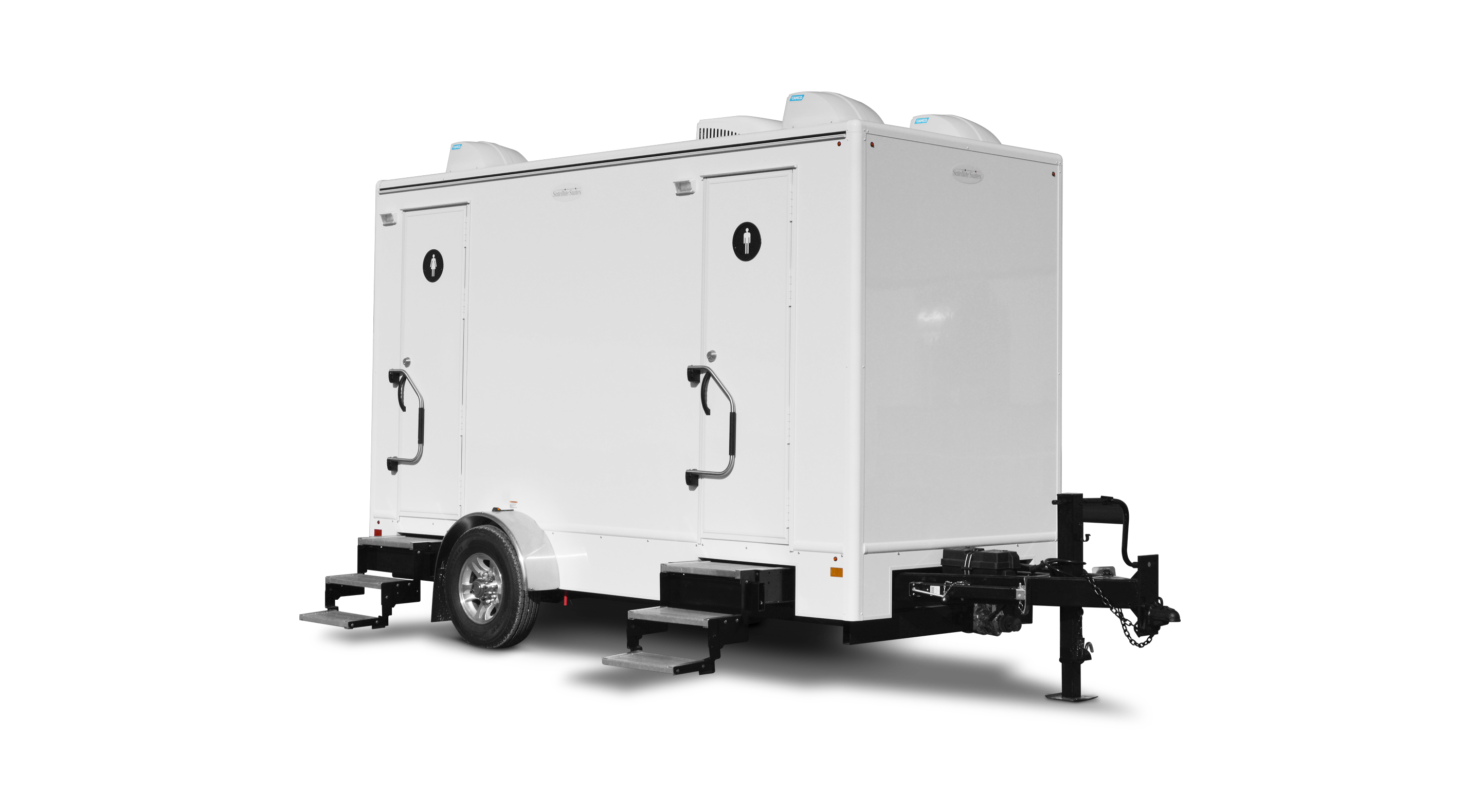 Two-stall portable restroom trailer with steps, white exterior, and dual entrances.
