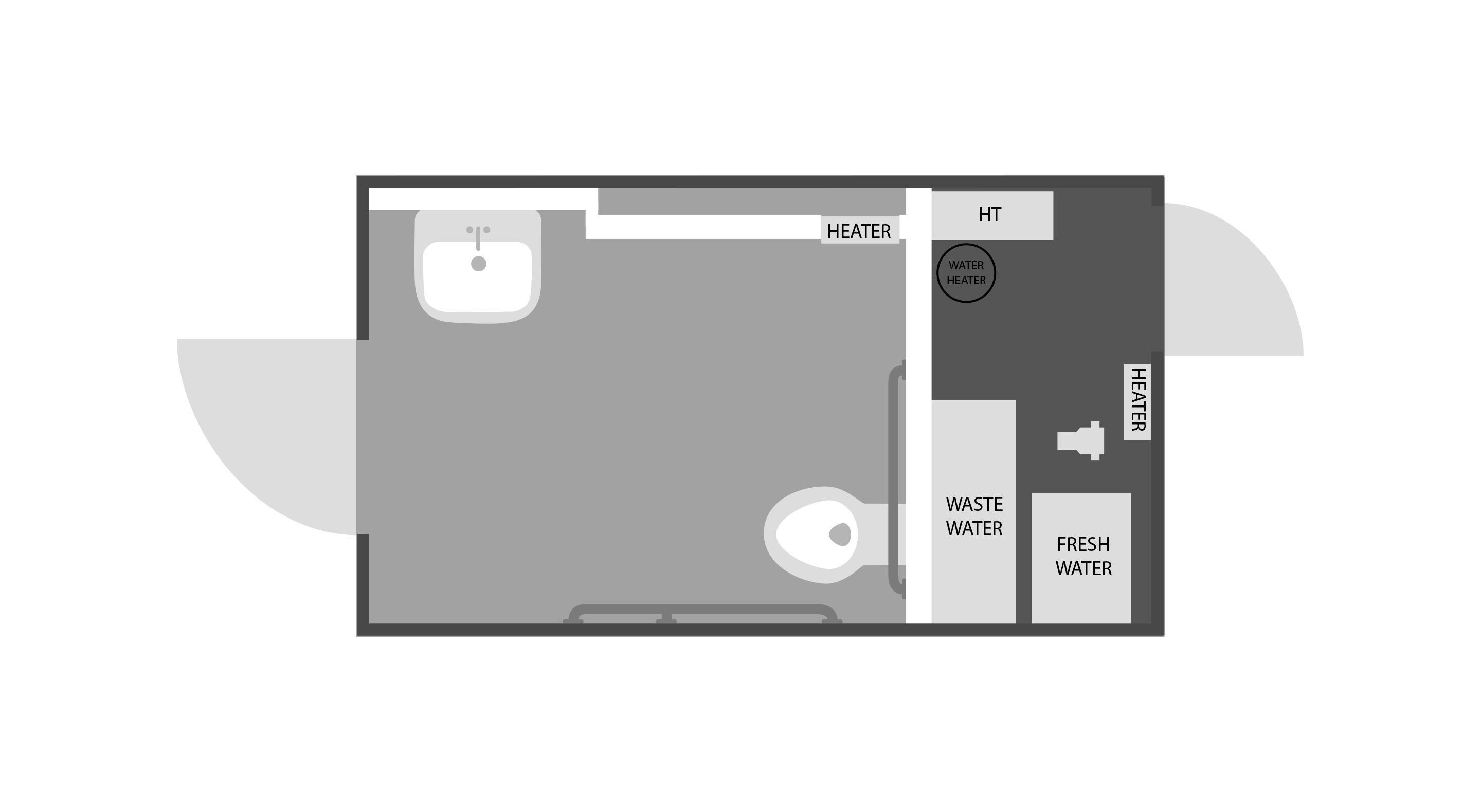 Floor plan of an ADA bathroom with sink, toilet, water heater, and water tanks for waste and fresh water.