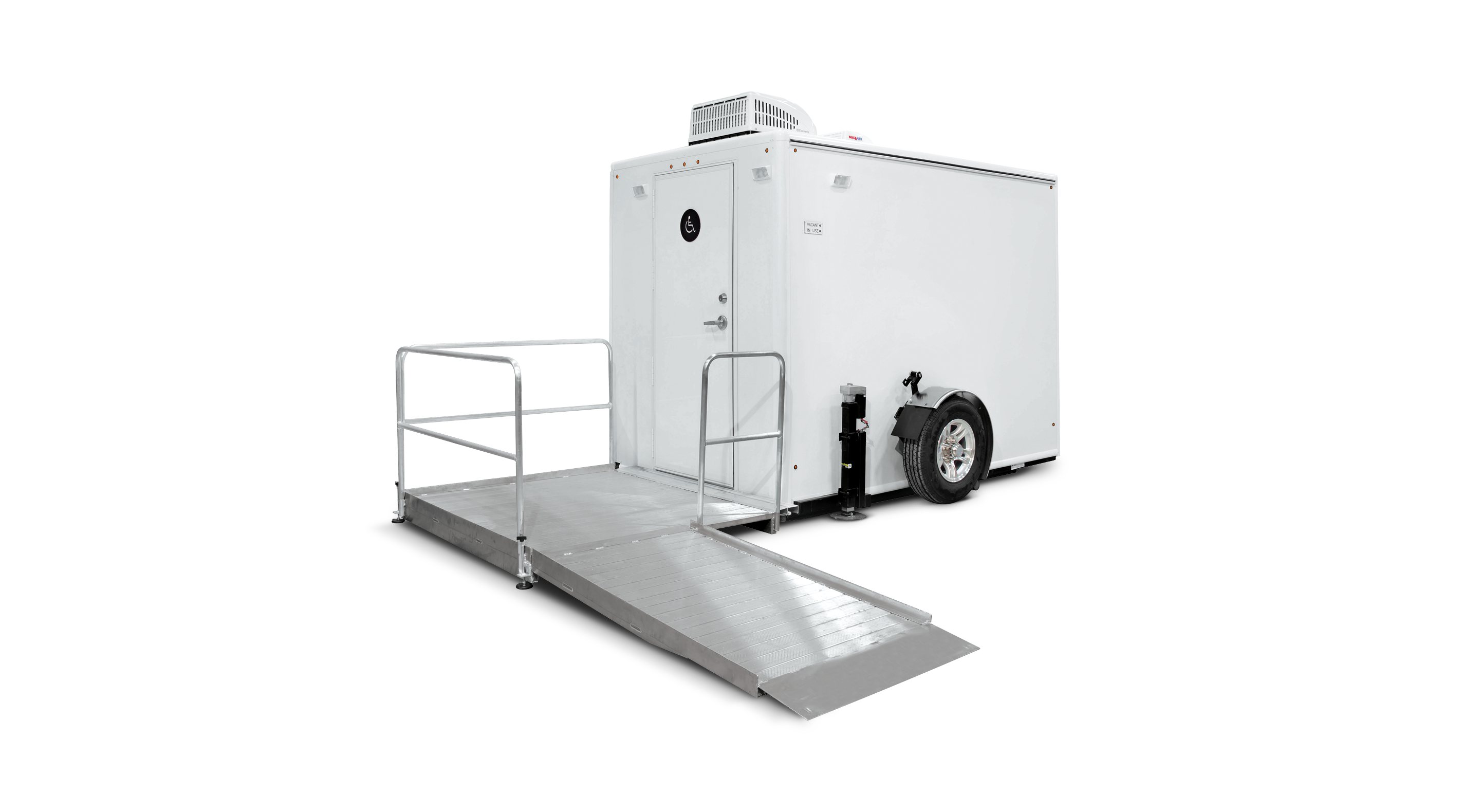 White 6x11 ADA trailer with a ramp for accessibility and side door entrance.