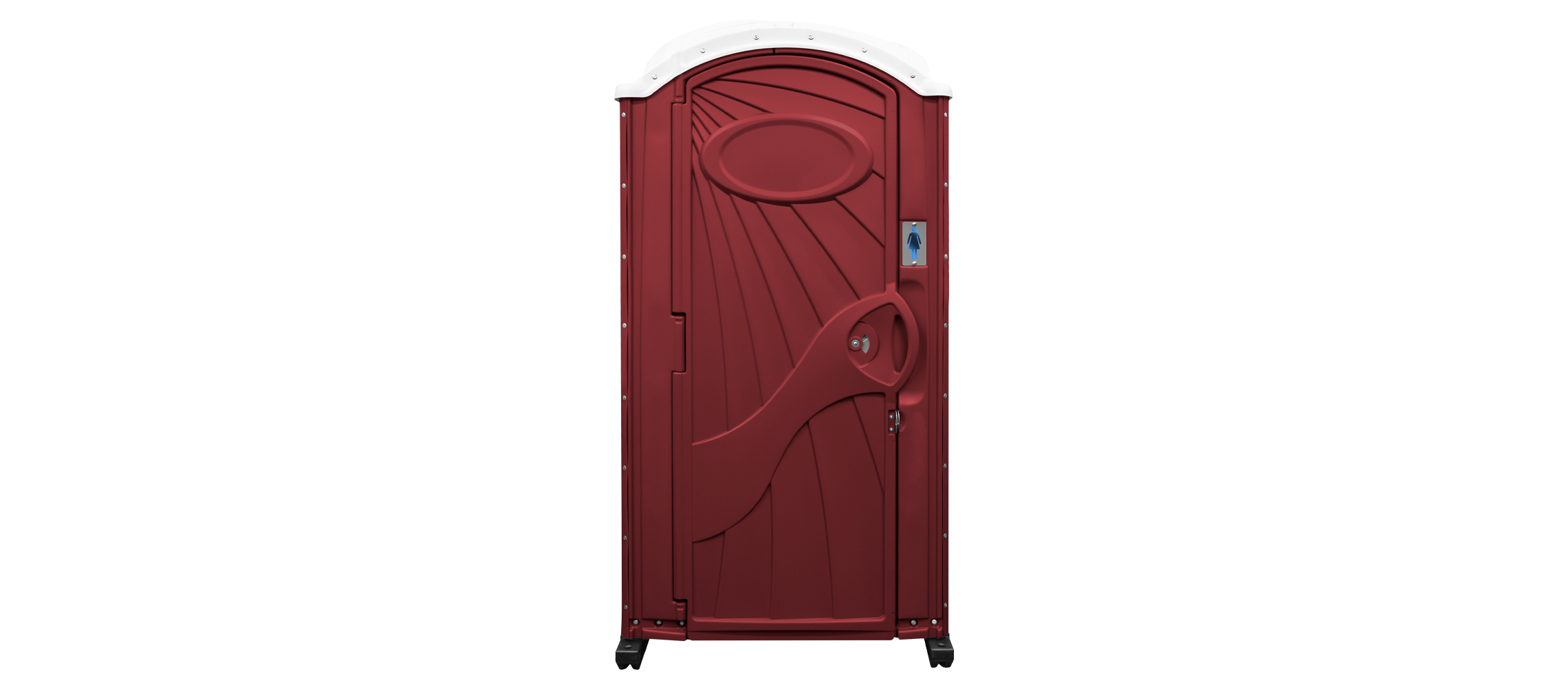 Red portable restroom with white roof and women's symbol on the door.