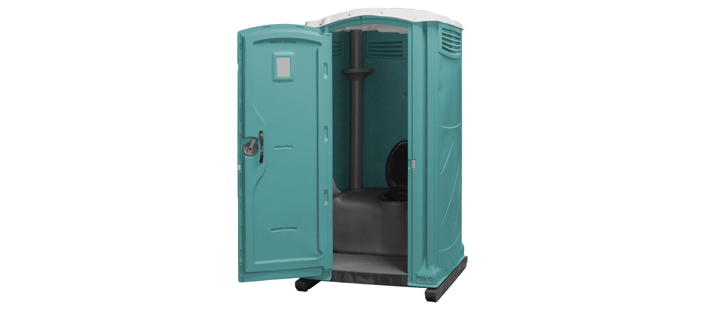 Teal portable toilet with two doors and a black seat inside.