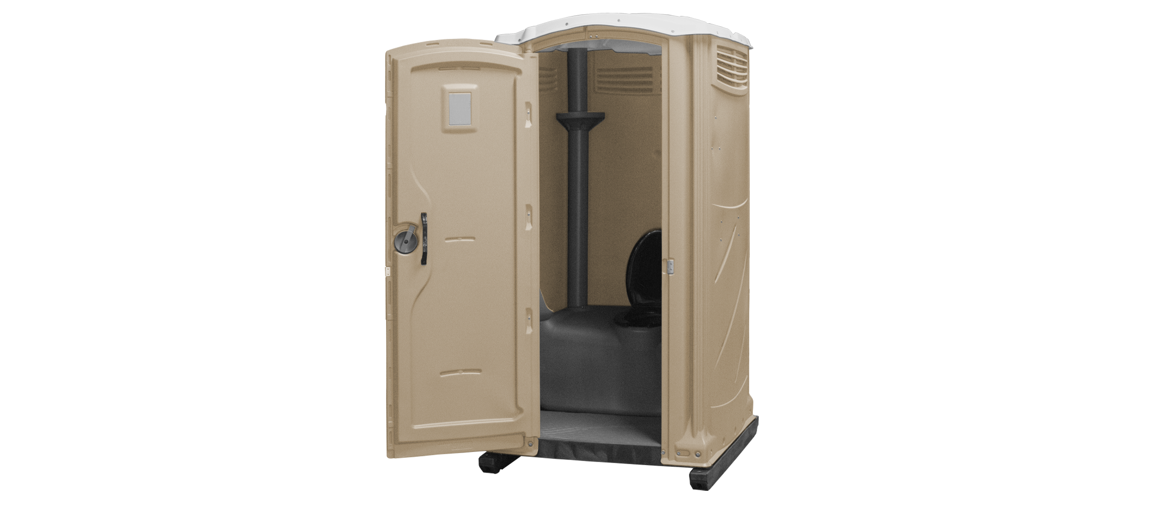 Portable toilet with a tan exterior, double doors, and a black interior.