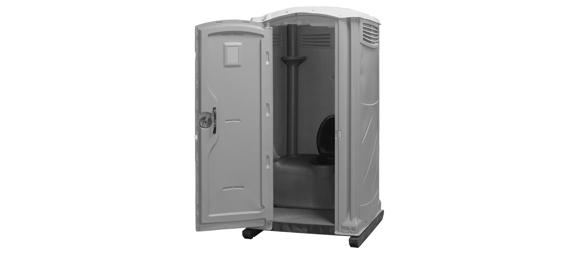 Portable toilet with an open door, showing a dark gray exterior and basic interior features.