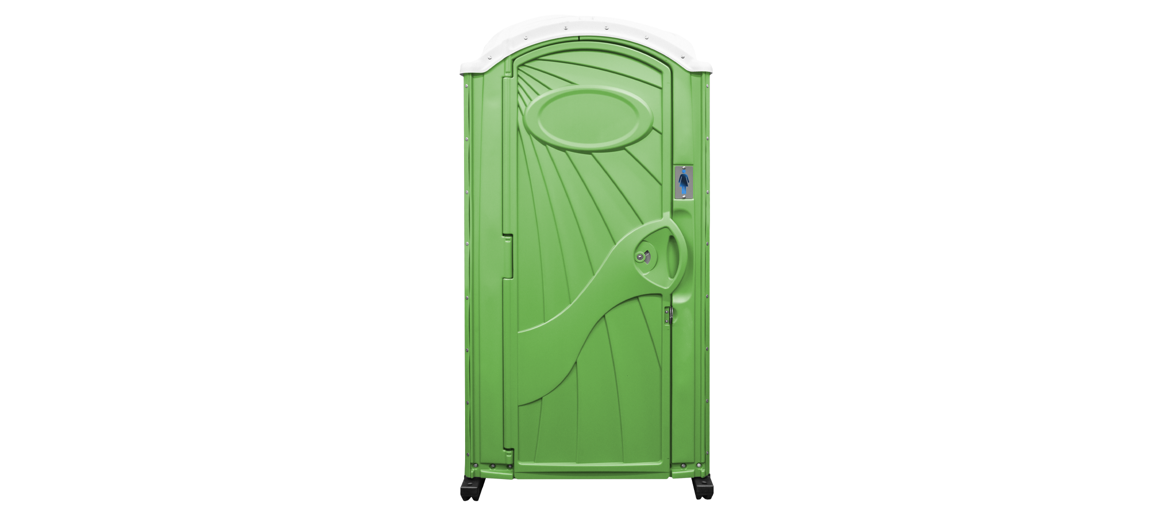Green portable toilet with a white top and a women's restroom symbol on the door.