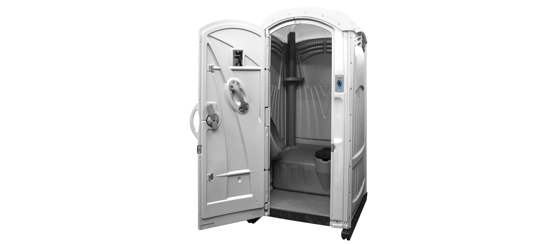 White portable toilet with double doors, interior features toilet and hand sanitizer dispenser.