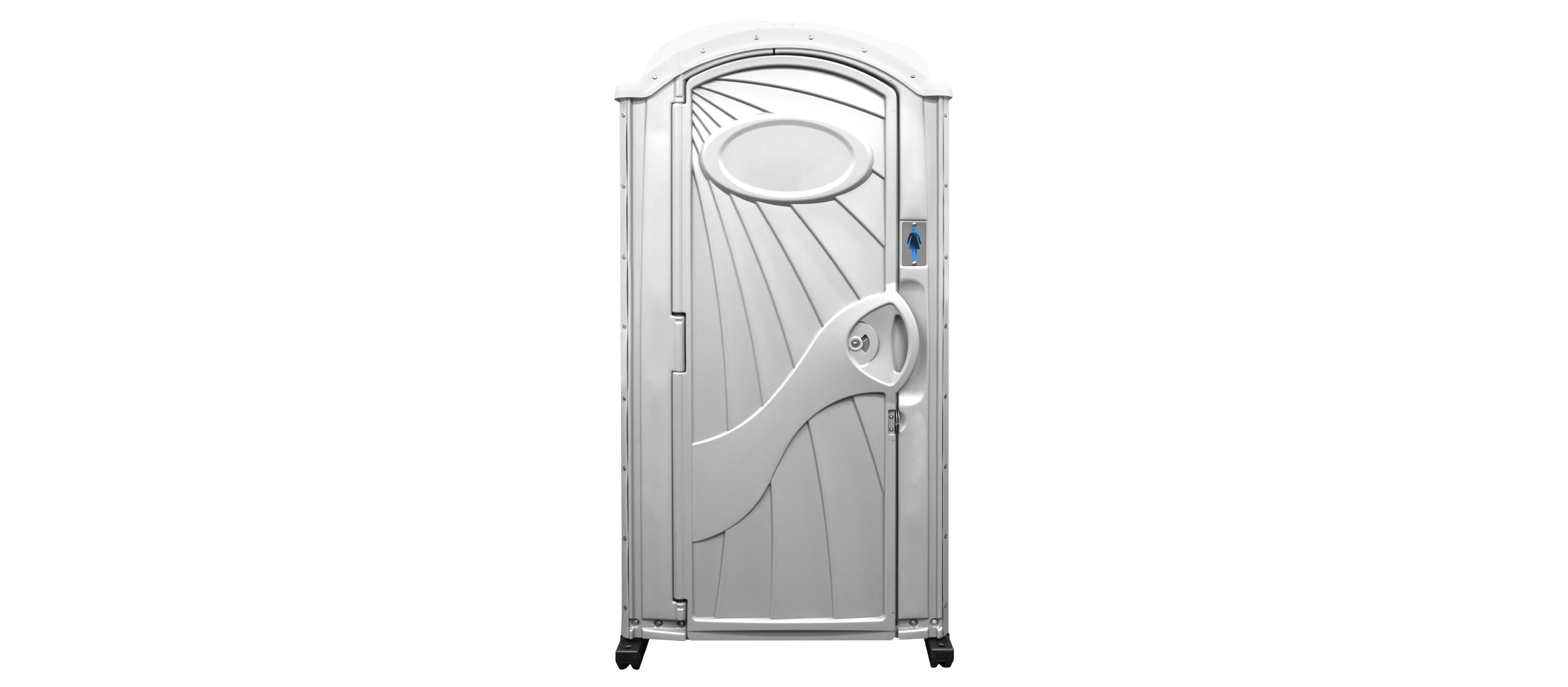 Front view of a closed white portable toilet with a women's restroom sign on the door.